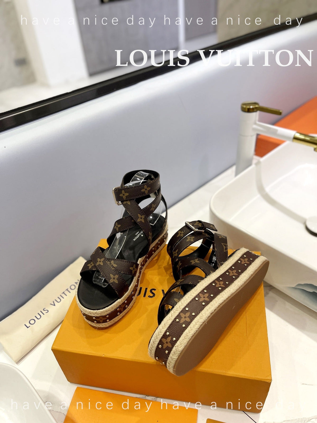 LV Straw Platform Sandals 80mm Dark Brown Monogram Cowhide