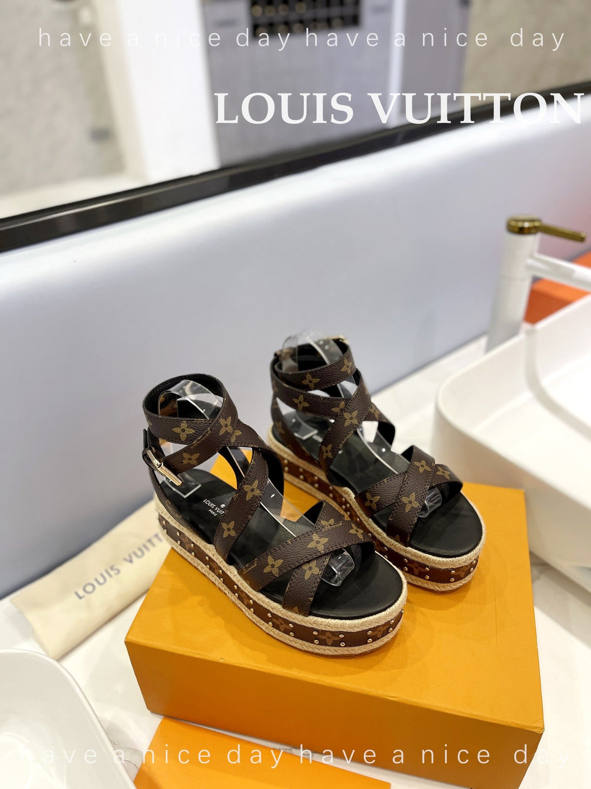 LV Straw Platform Sandals 80mm Dark Brown Monogram Cowhide