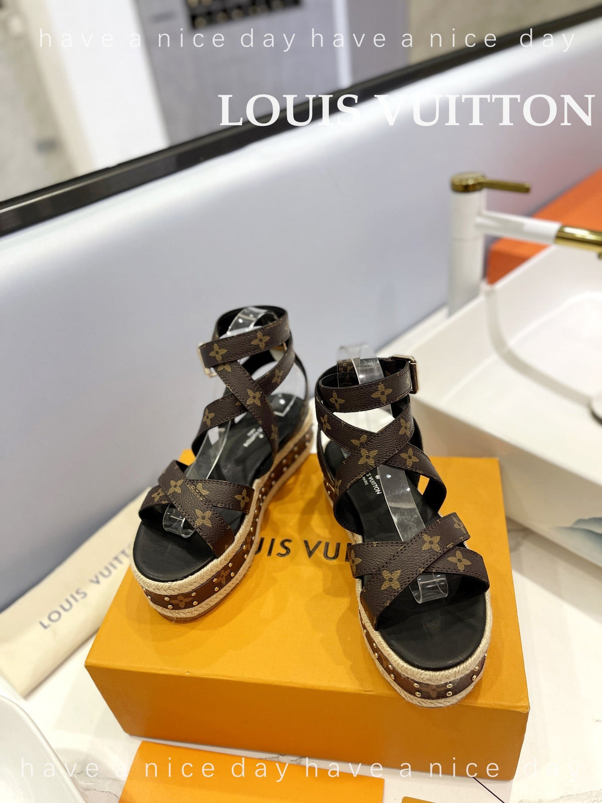 LV Straw Platform Sandals 80mm Dark Brown Monogram Cowhide