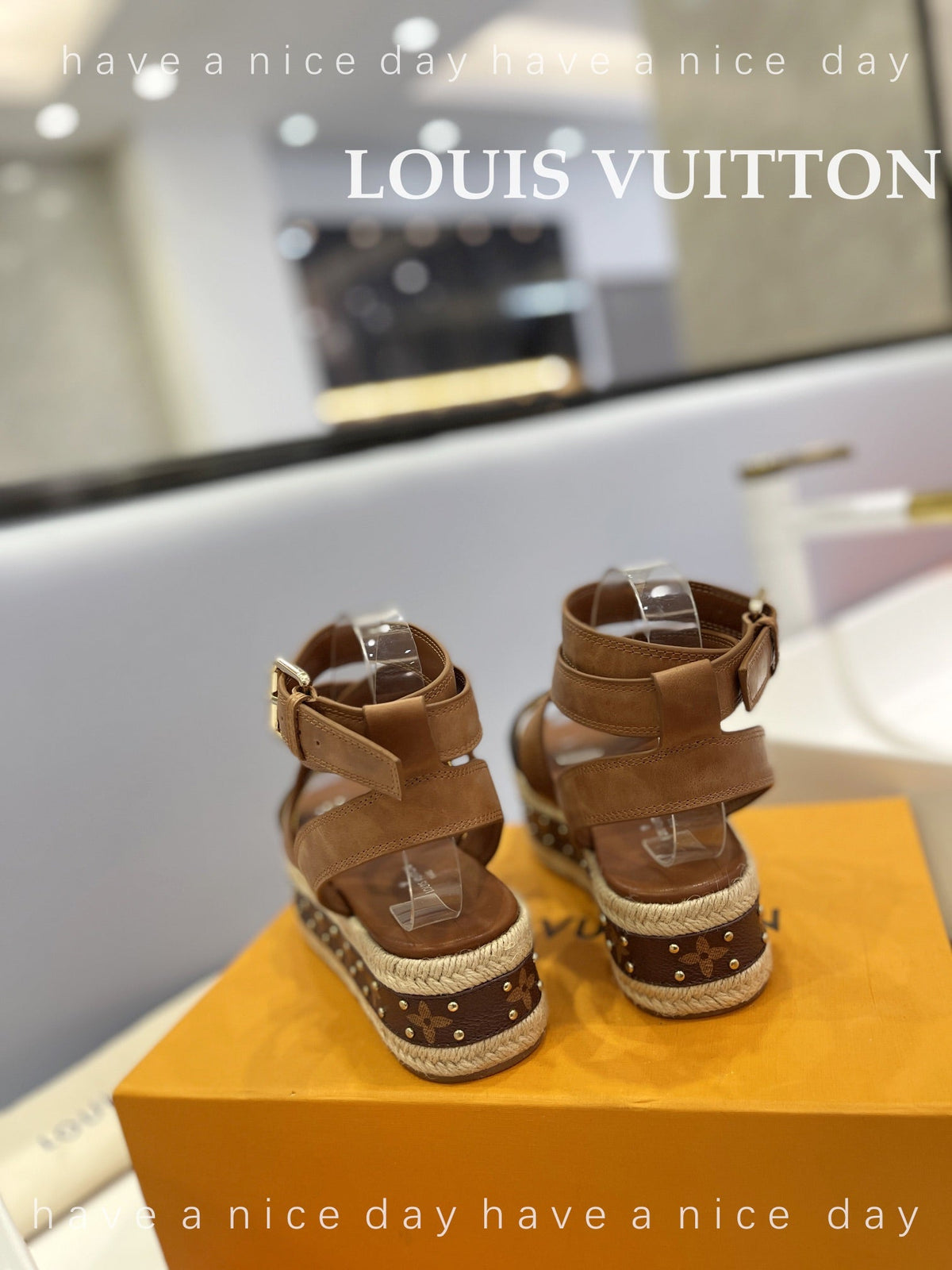LV Straw Platform Sandals 80mm Brown Yellow Monogram Cowhide
