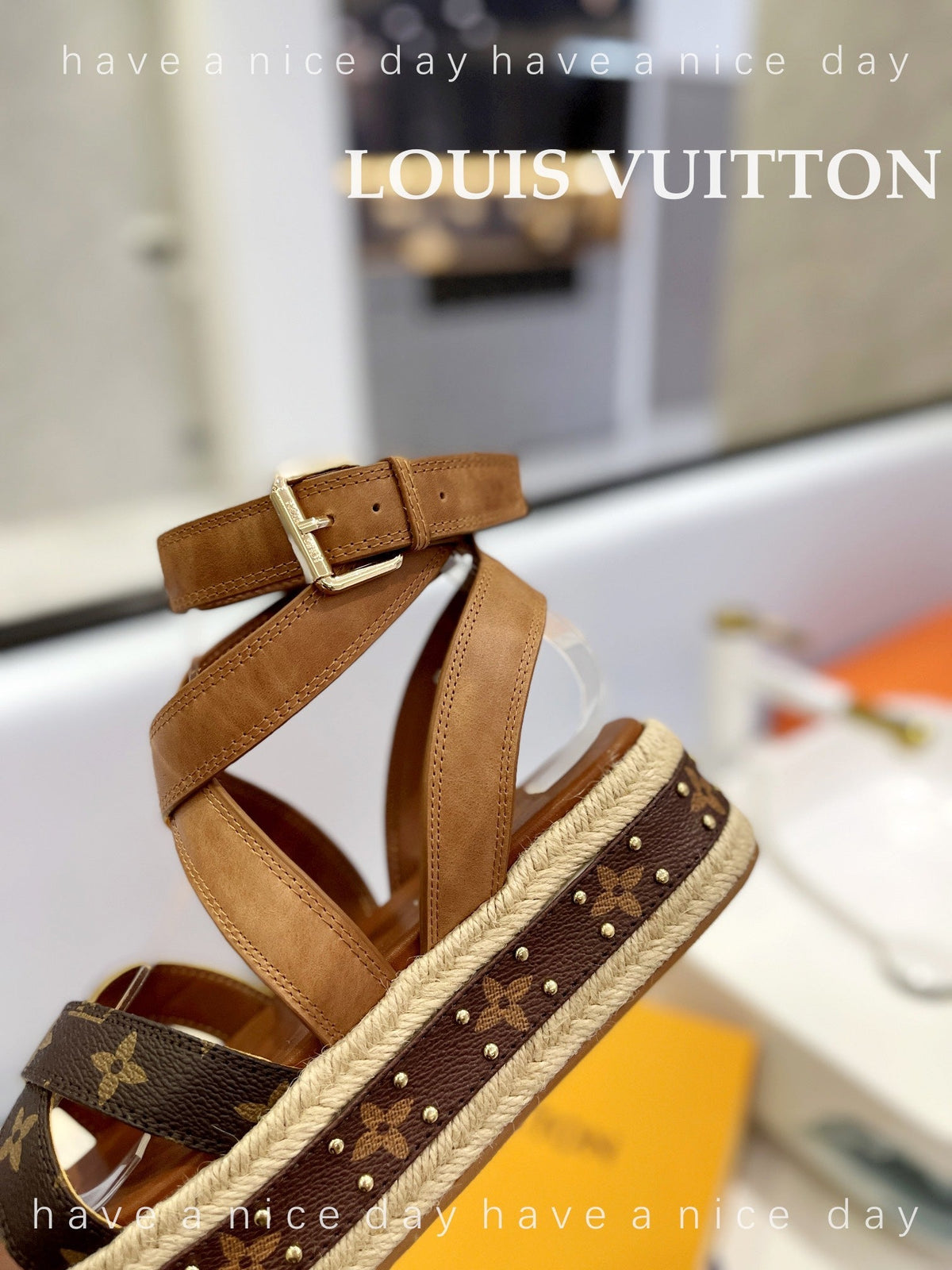 LV Straw Platform Sandals 80mm Brown Yellow Monogram Cowhide