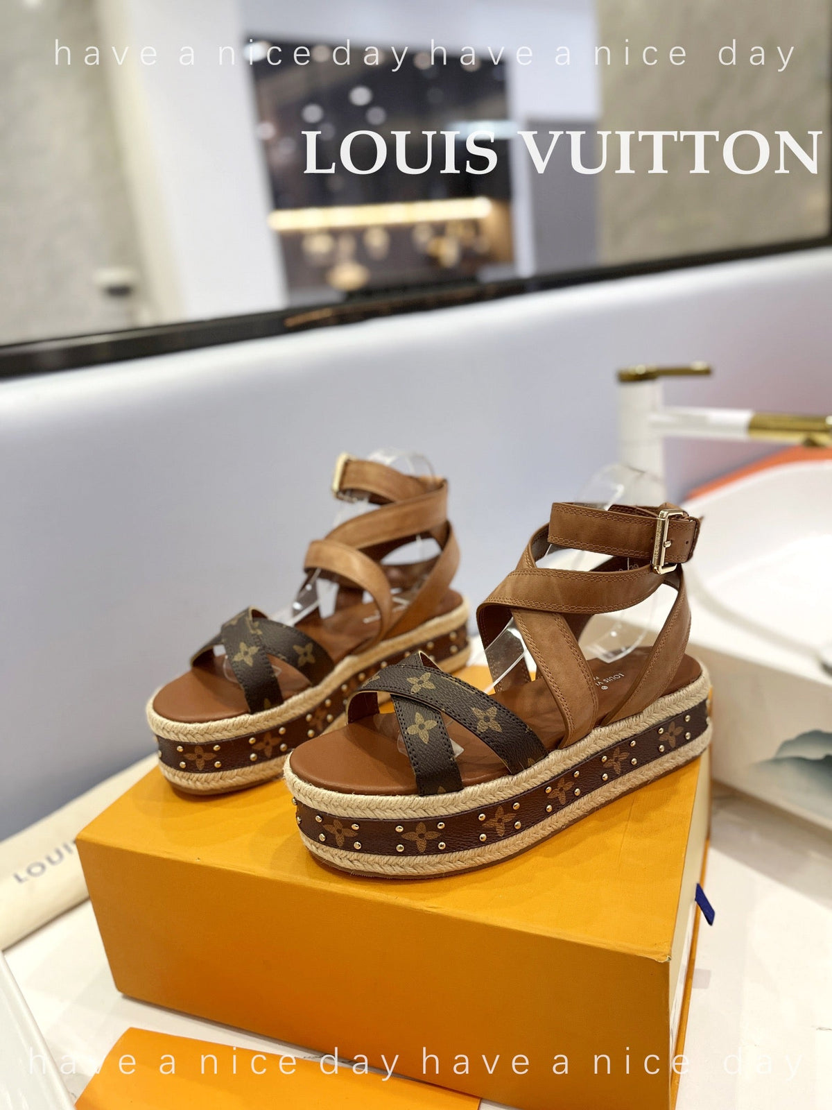 LV Straw Platform Sandals 80mm Brown Yellow Monogram Cowhide