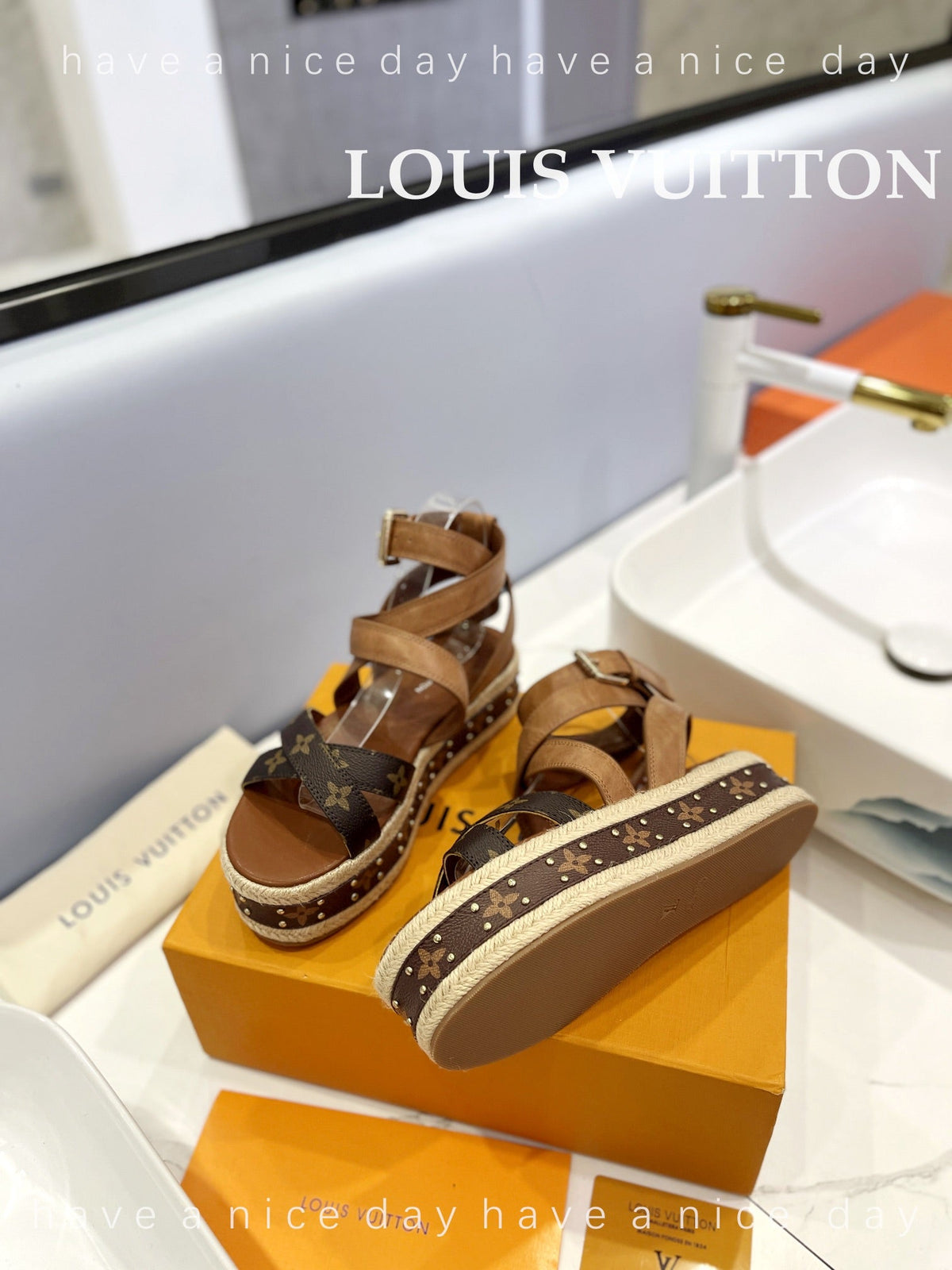 LV Straw Platform Sandals 80mm Brown Yellow Monogram Cowhide