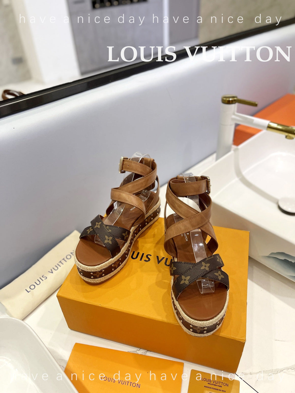 LV Straw Platform Sandals 80mm Brown Yellow Monogram Cowhide