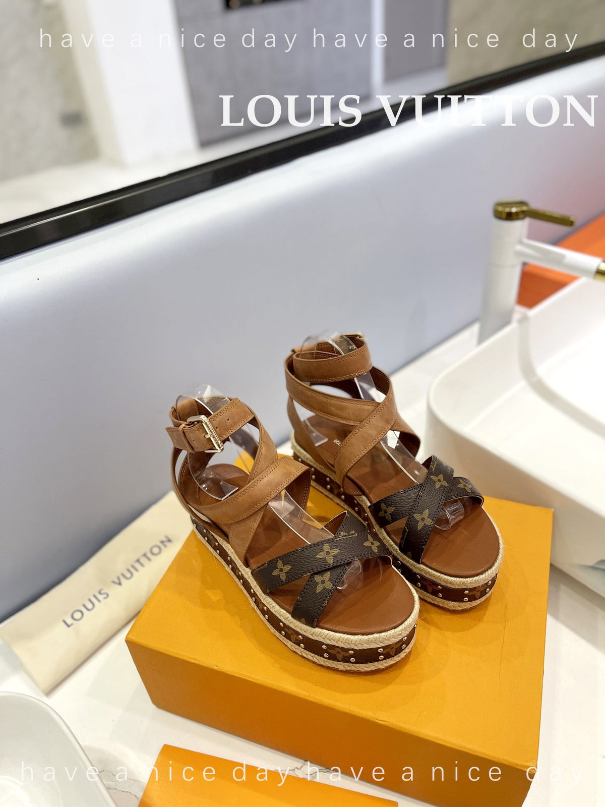 LV Straw Platform Sandals 80mm Brown Yellow Monogram Cowhide