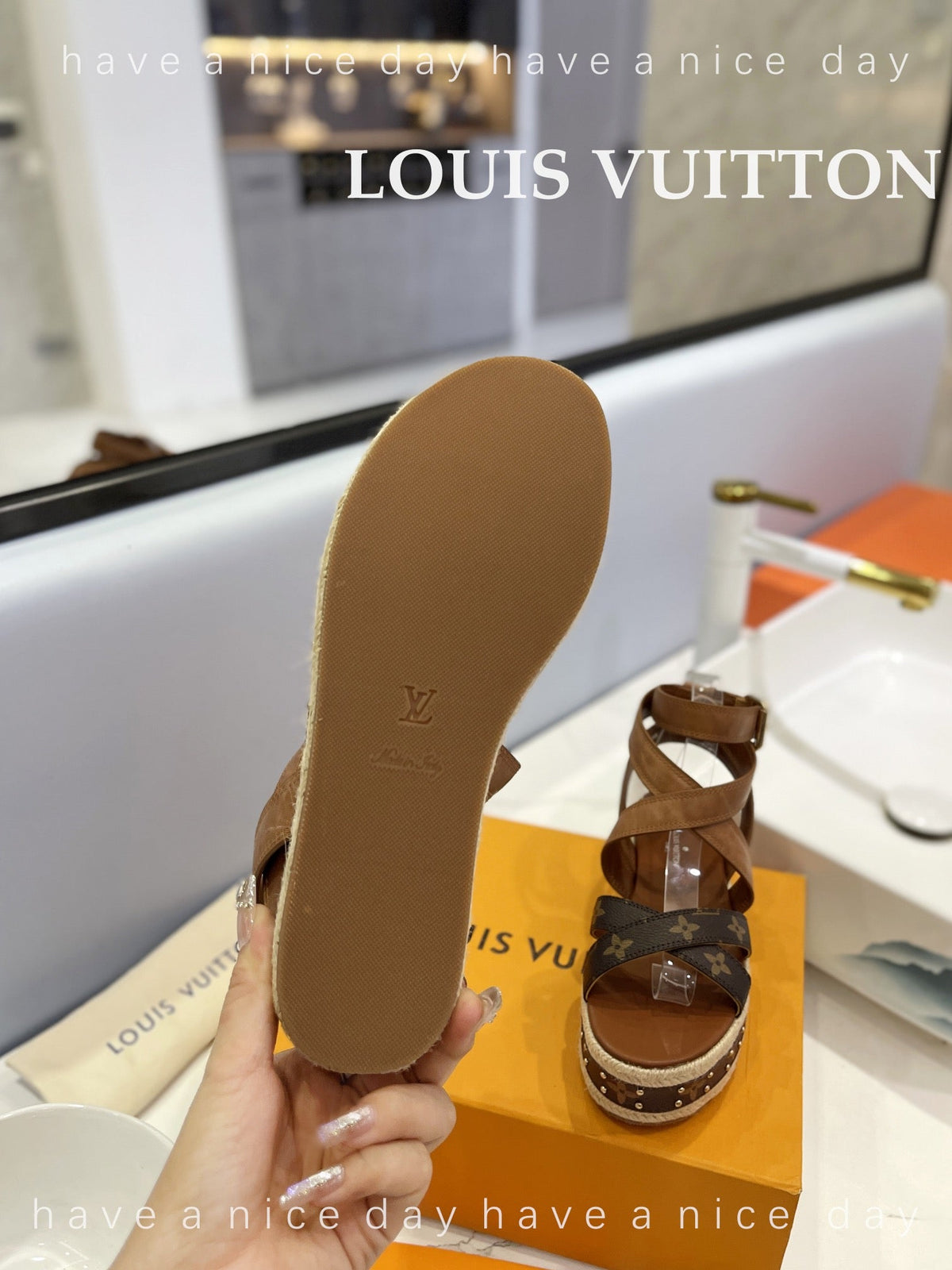LV Straw Platform Sandals 80mm Brown Yellow Monogram Cowhide