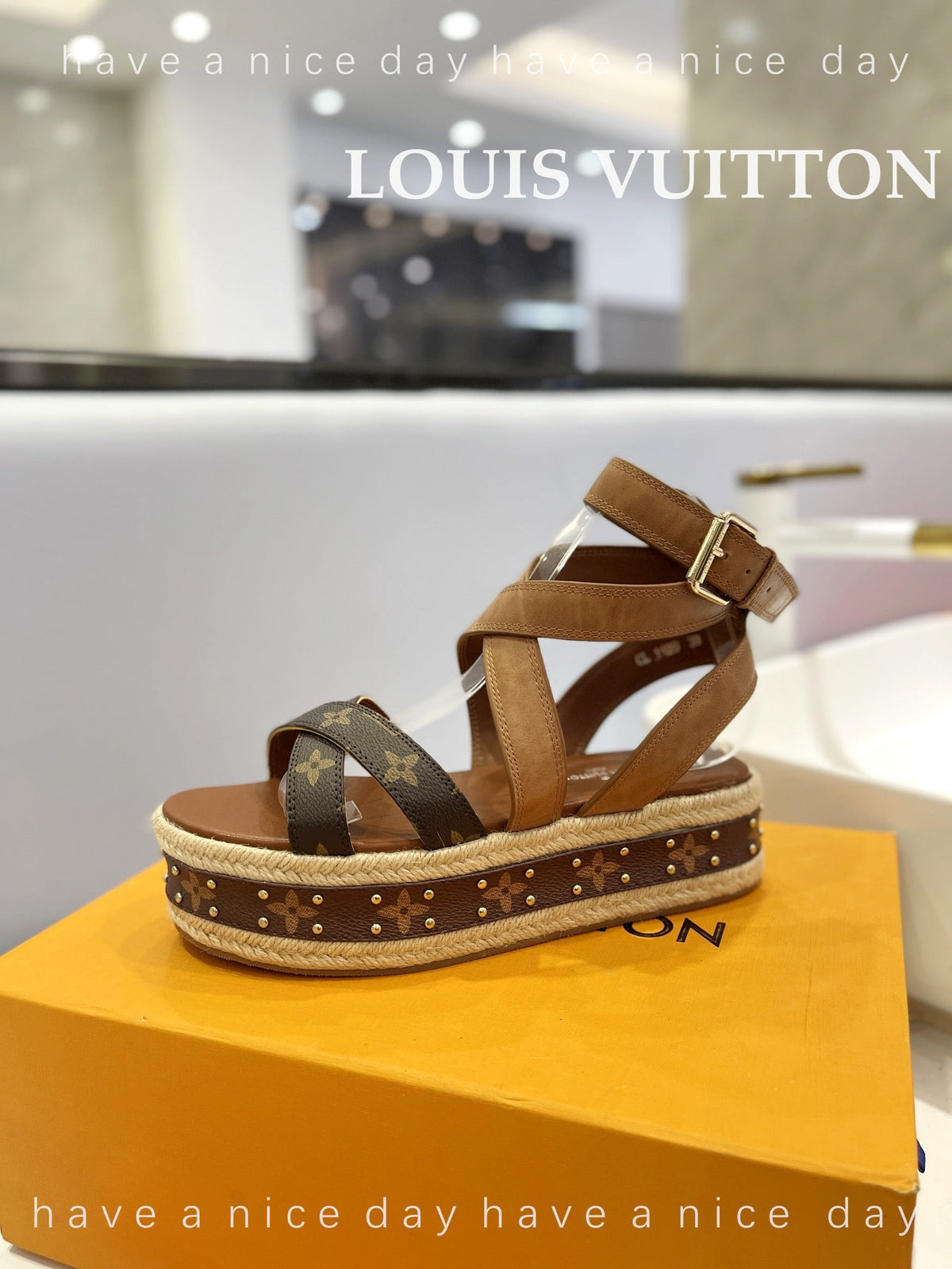 LV Straw Platform Sandals 80mm Brown Yellow Monogram Cowhide