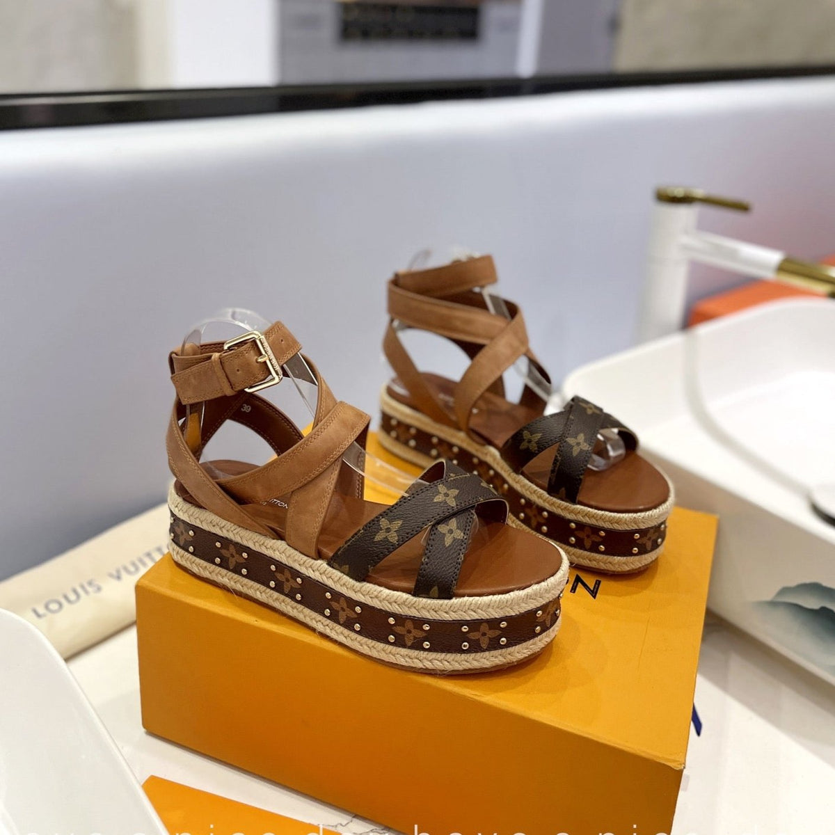 LV Straw Platform Sandals 80mm Brown Yellow Monogram Cowhide
