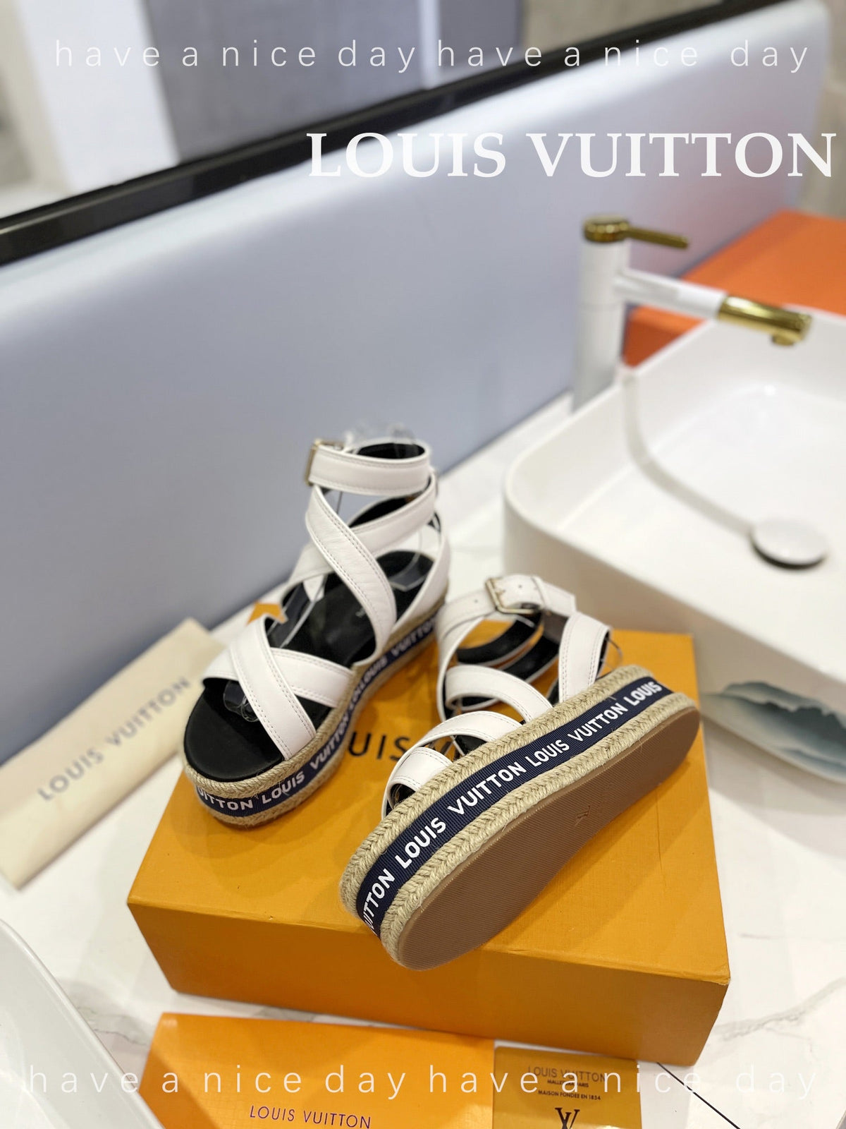 LV Straw Platform Sandals 80mm White Cowhide