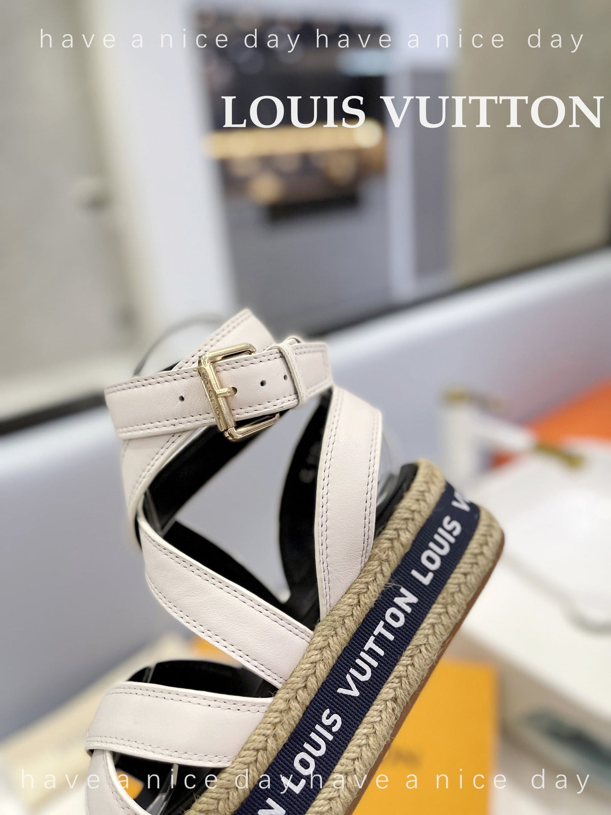 LV Straw Platform Sandals 80mm White Cowhide