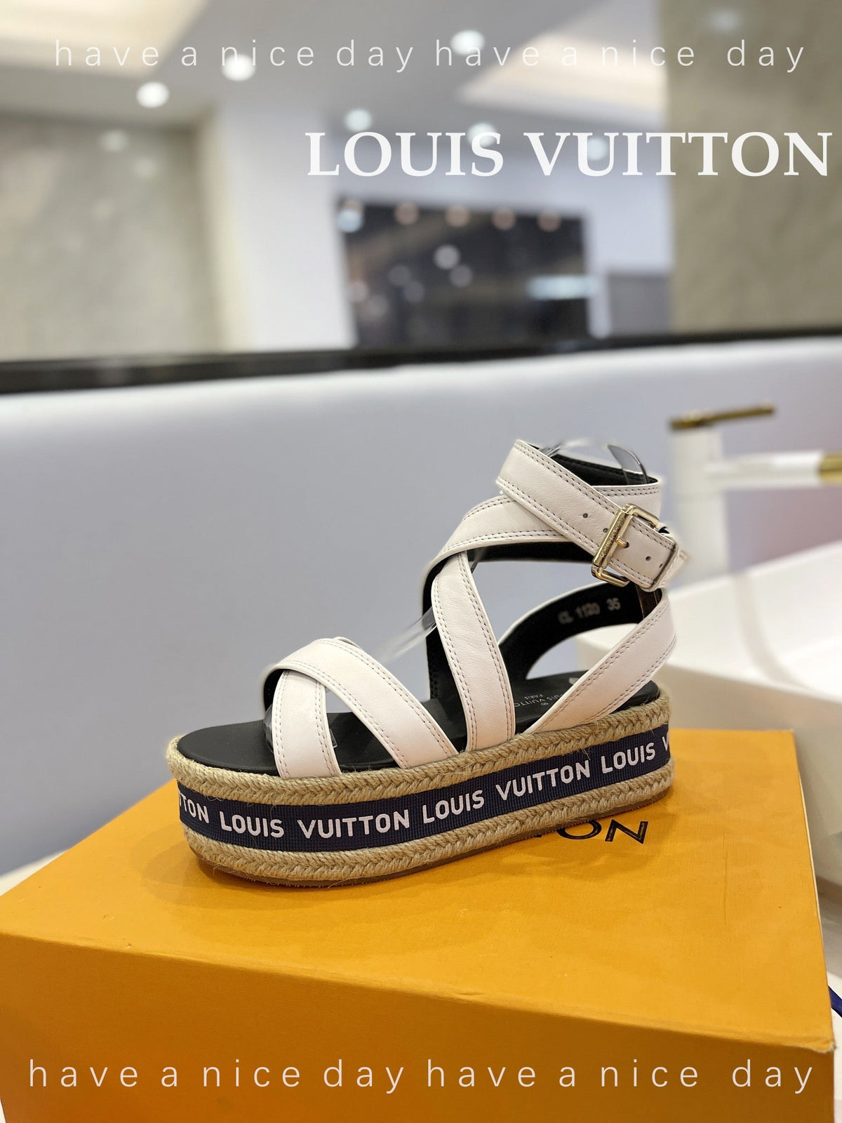 LV Straw Platform Sandals 80mm White Cowhide