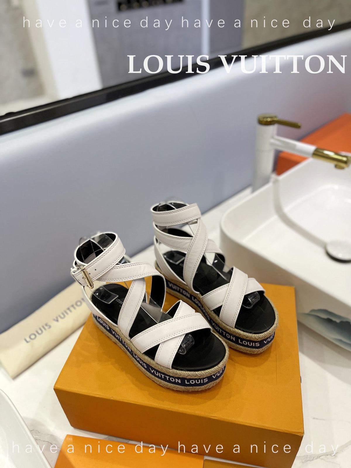 LV Straw Platform Sandals 80mm White Cowhide