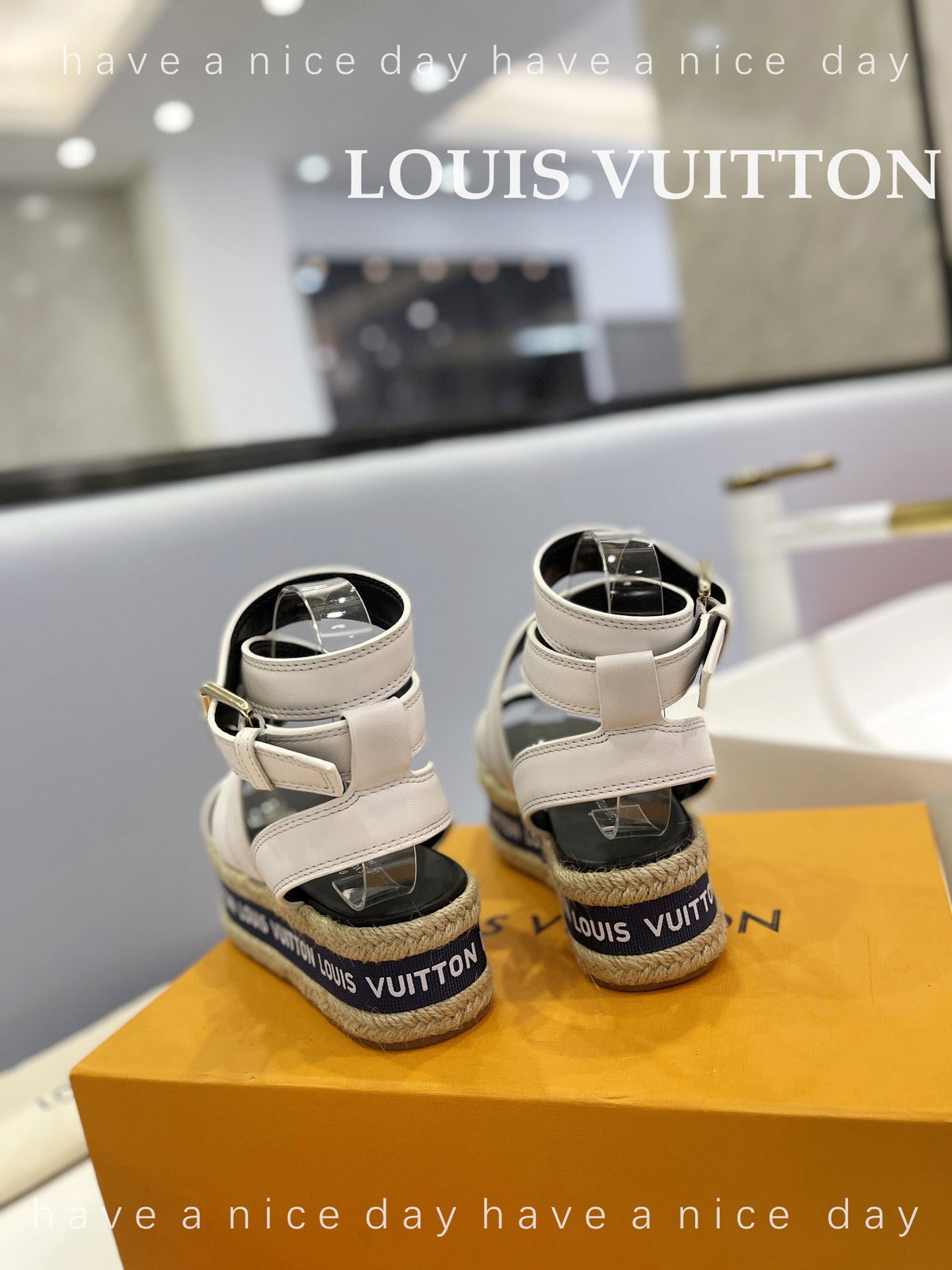 LV Straw Platform Sandals 80mm White Cowhide