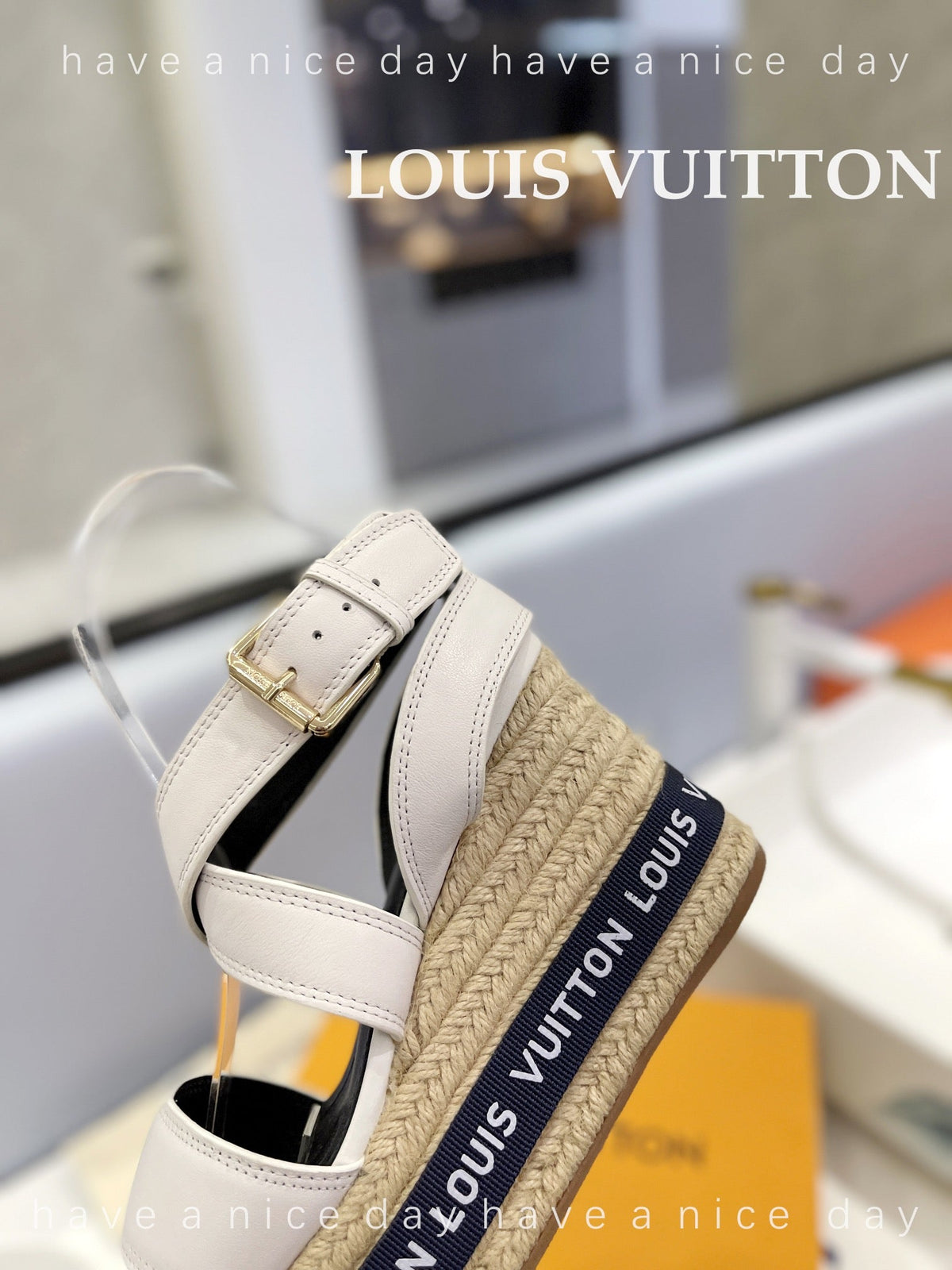 LV Straw Platform Sandals 100mm White Cowhide
