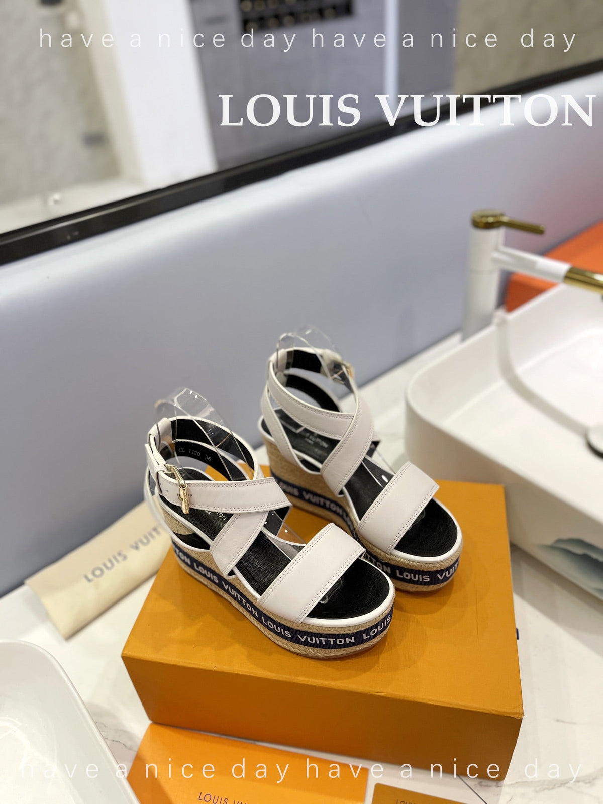 LV Straw Platform Sandals 100mm White Cowhide