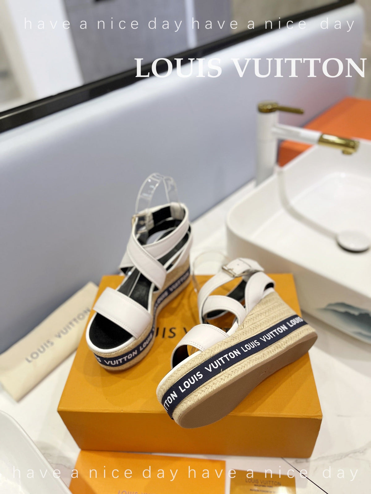LV Straw Platform Sandals 100mm White Cowhide
