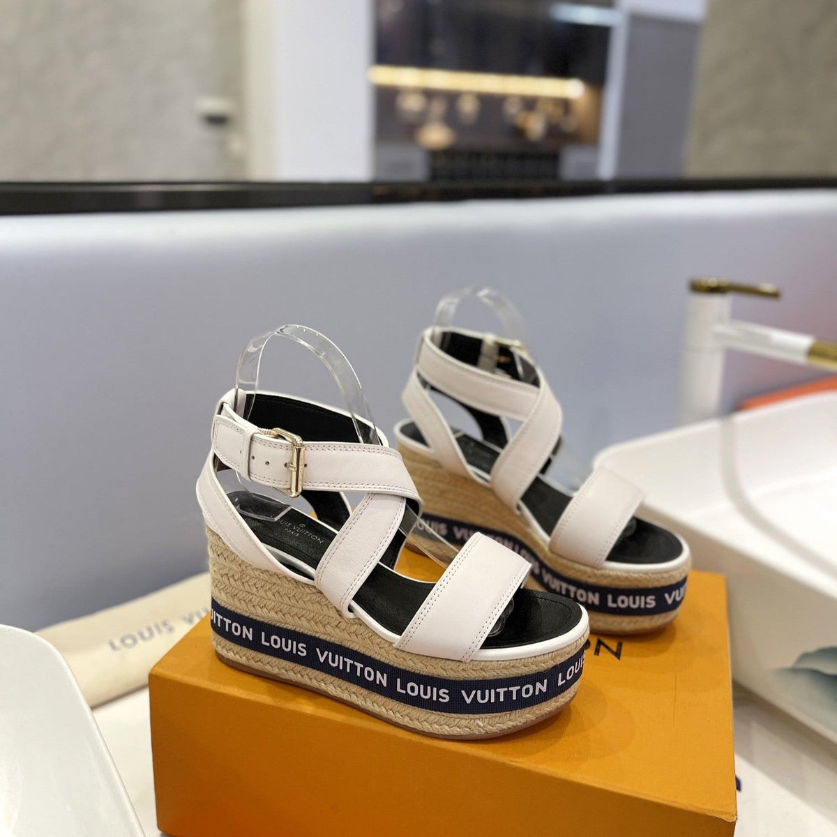 LV Straw Platform Sandals 100mm White Cowhide