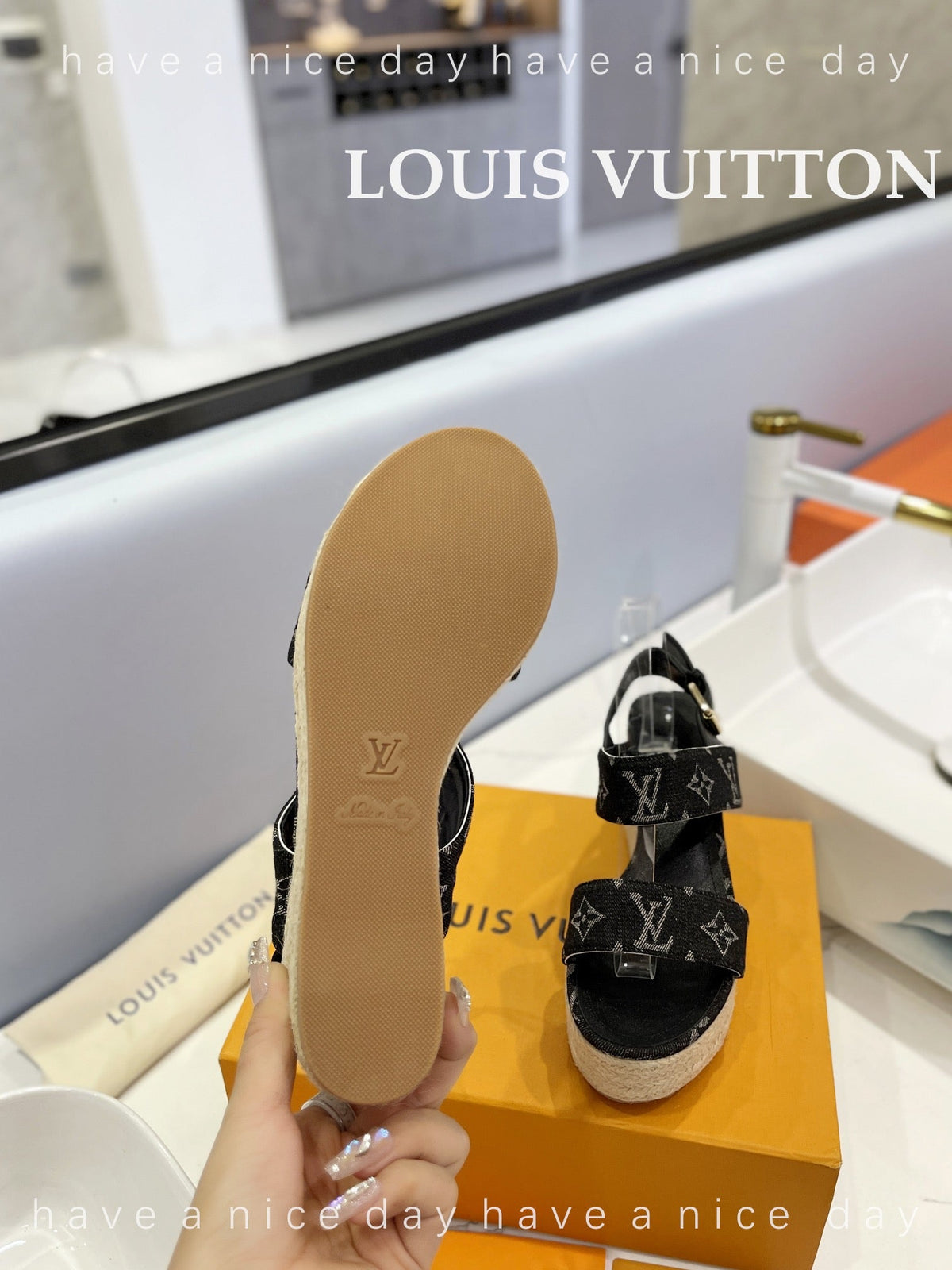 LV Straw Platform Sandals 100mm Black Monogram Jacquard Fabric