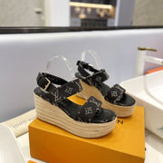 LV Straw Platform Sandals 100mm Black Monogram Jacquard Fabric
