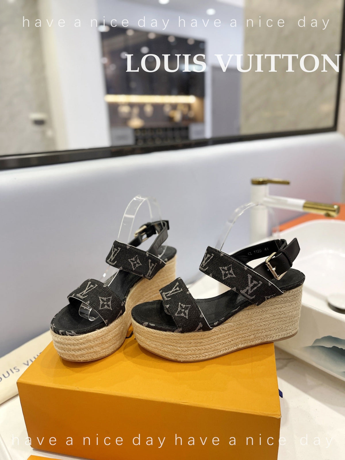 LV Straw Platform Sandals 100mm Black Monogram Jacquard Fabric