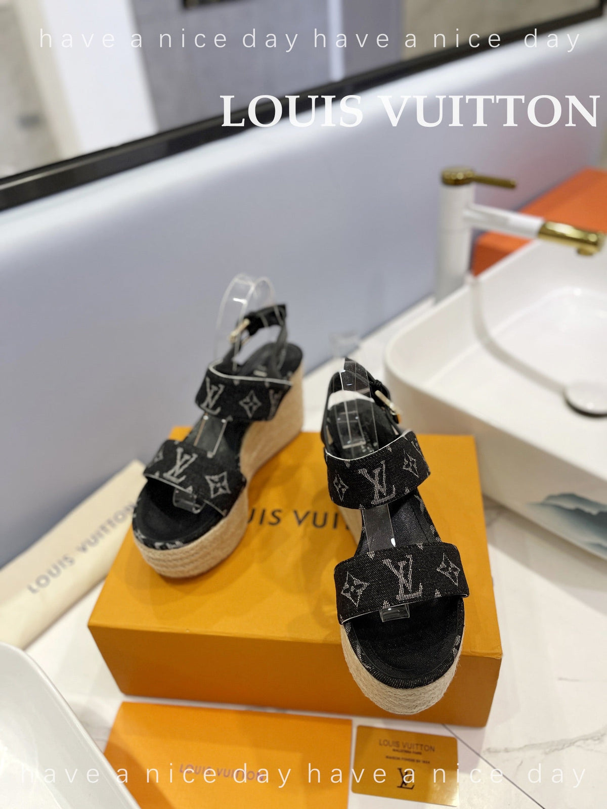 LV Straw Platform Sandals 100mm Black Monogram Jacquard Fabric