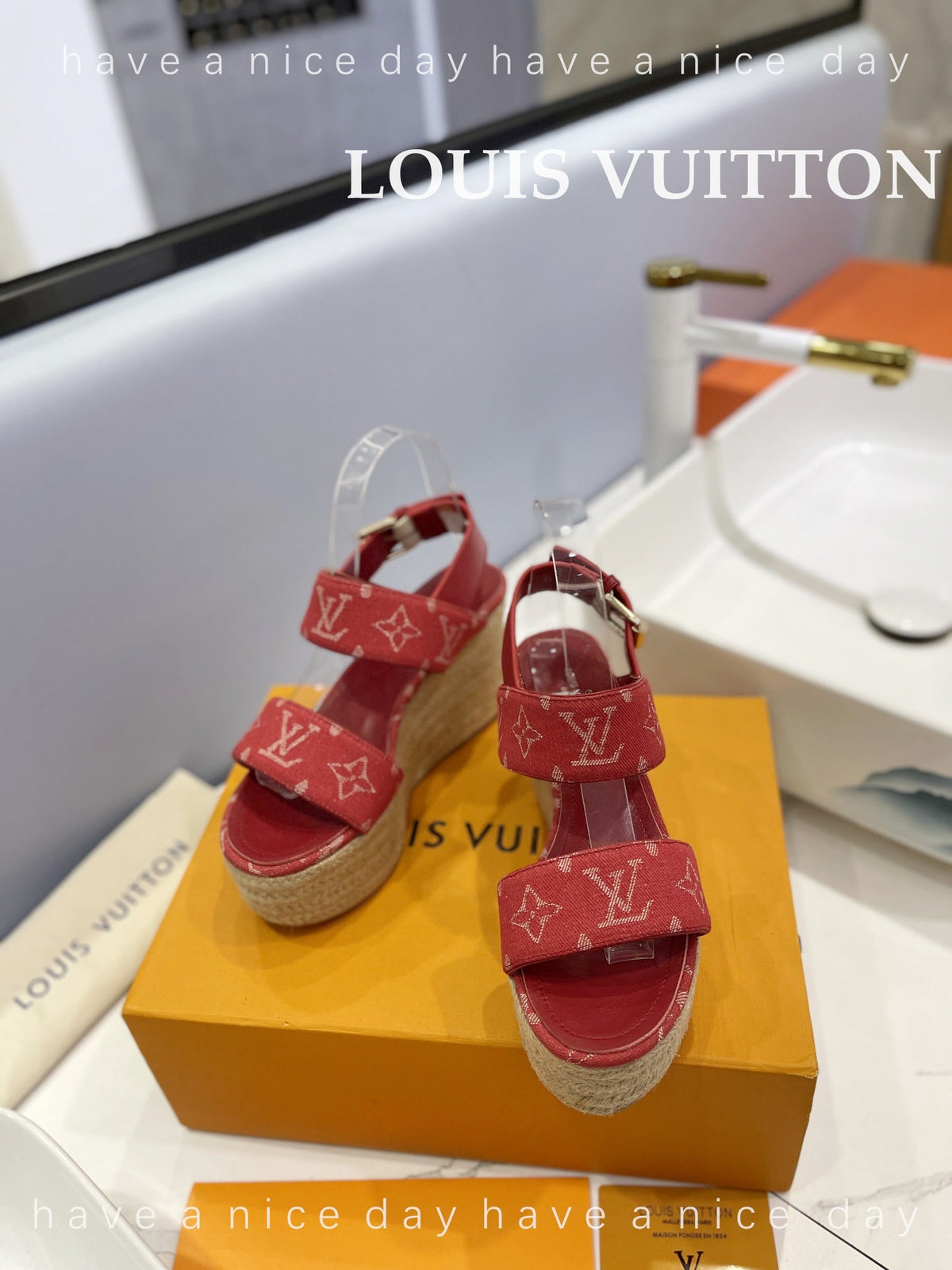 LV Straw Platform Sandals 100mm Red Monogram Jacquard Fabric
