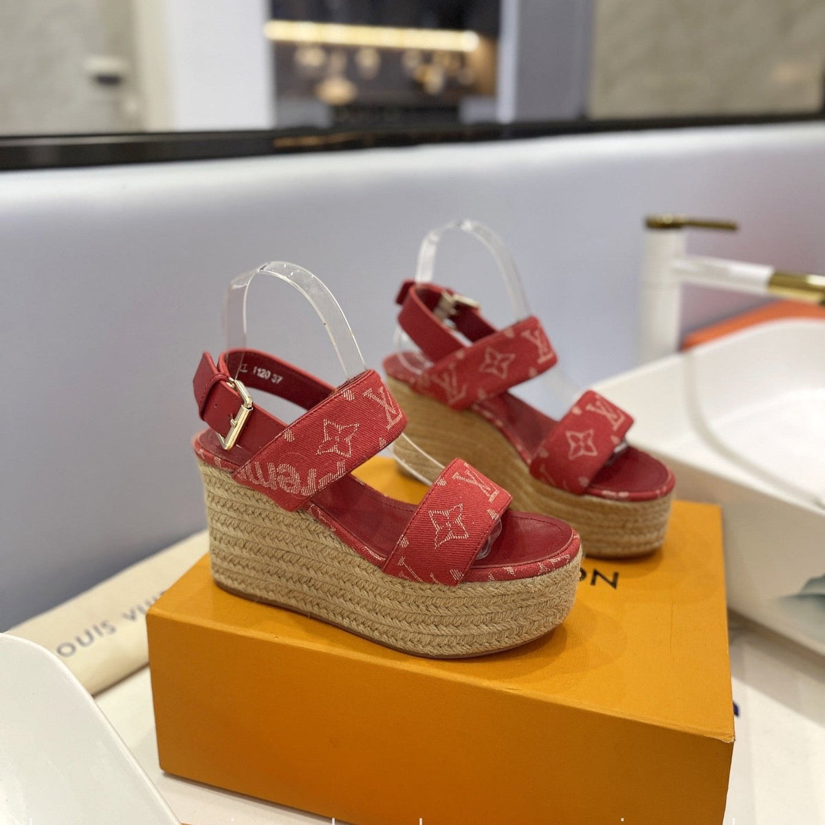 LV Straw Platform Sandals 100mm Red Monogram Jacquard Fabric