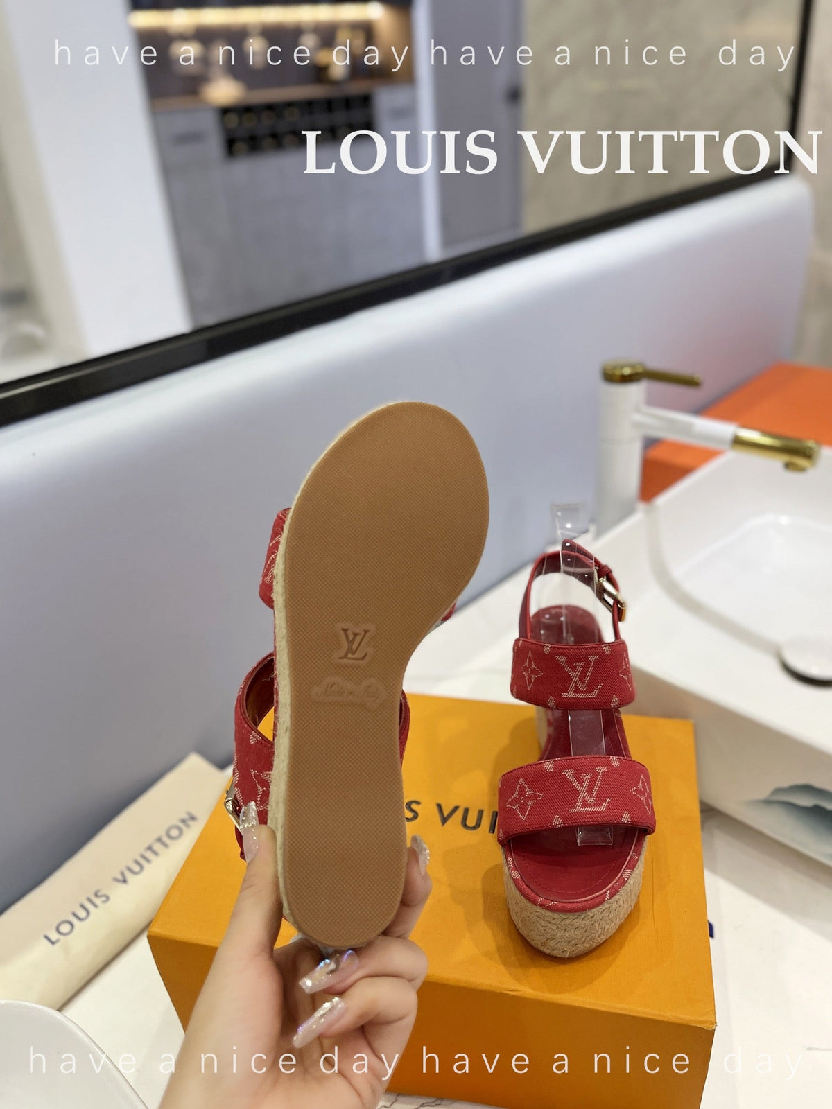 LV Straw Platform Sandals 100mm Red Monogram Jacquard Fabric