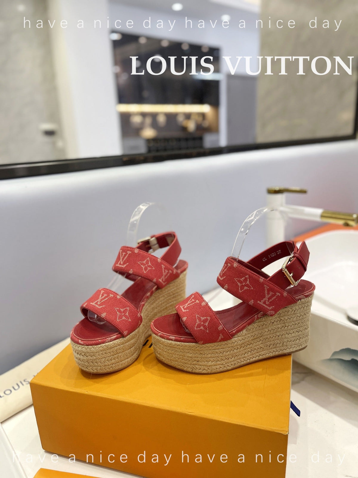 LV Straw Platform Sandals 100mm Red Monogram Jacquard Fabric