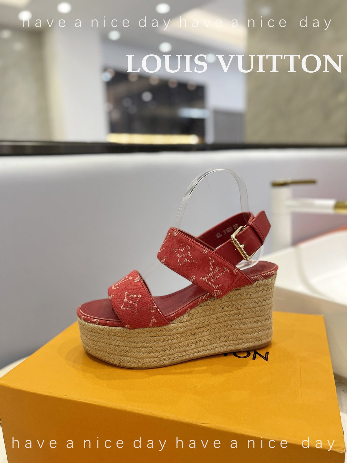 LV Straw Platform Sandals 100mm Red Monogram Jacquard Fabric