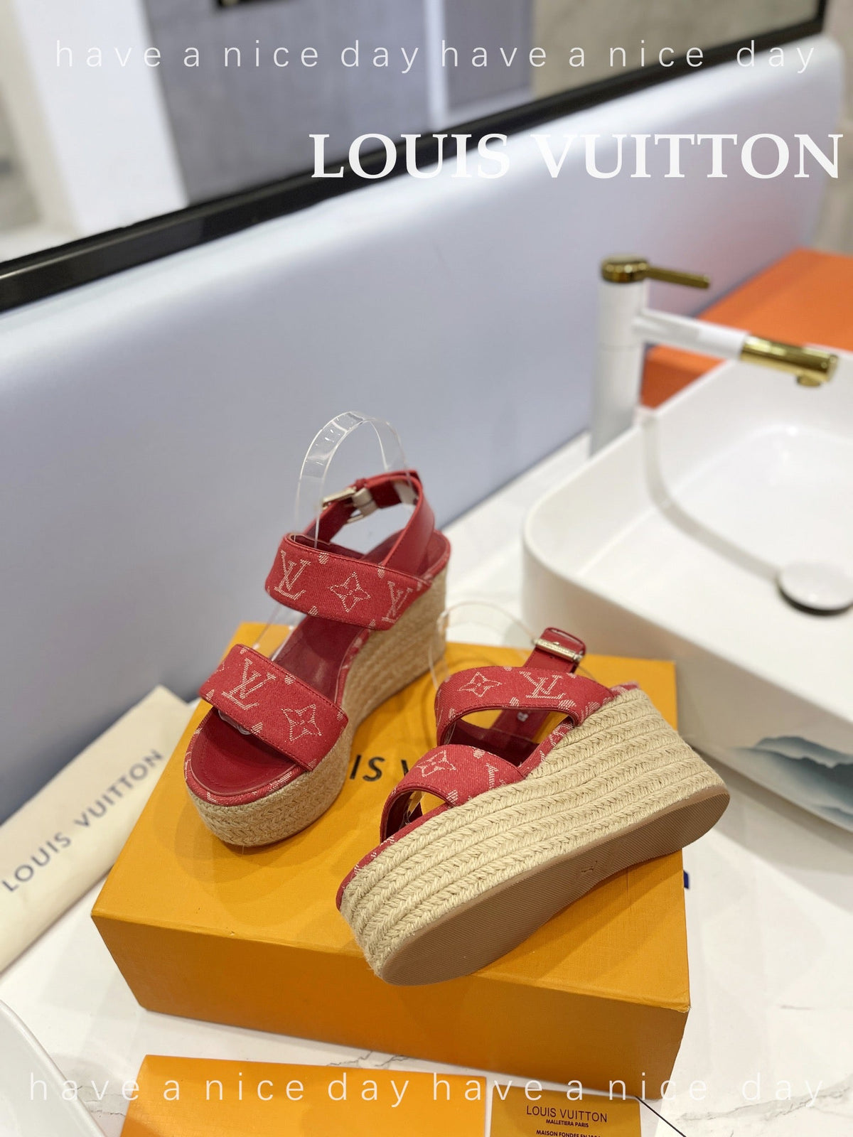 LV Straw Platform Sandals 100mm Red Monogram Jacquard Fabric
