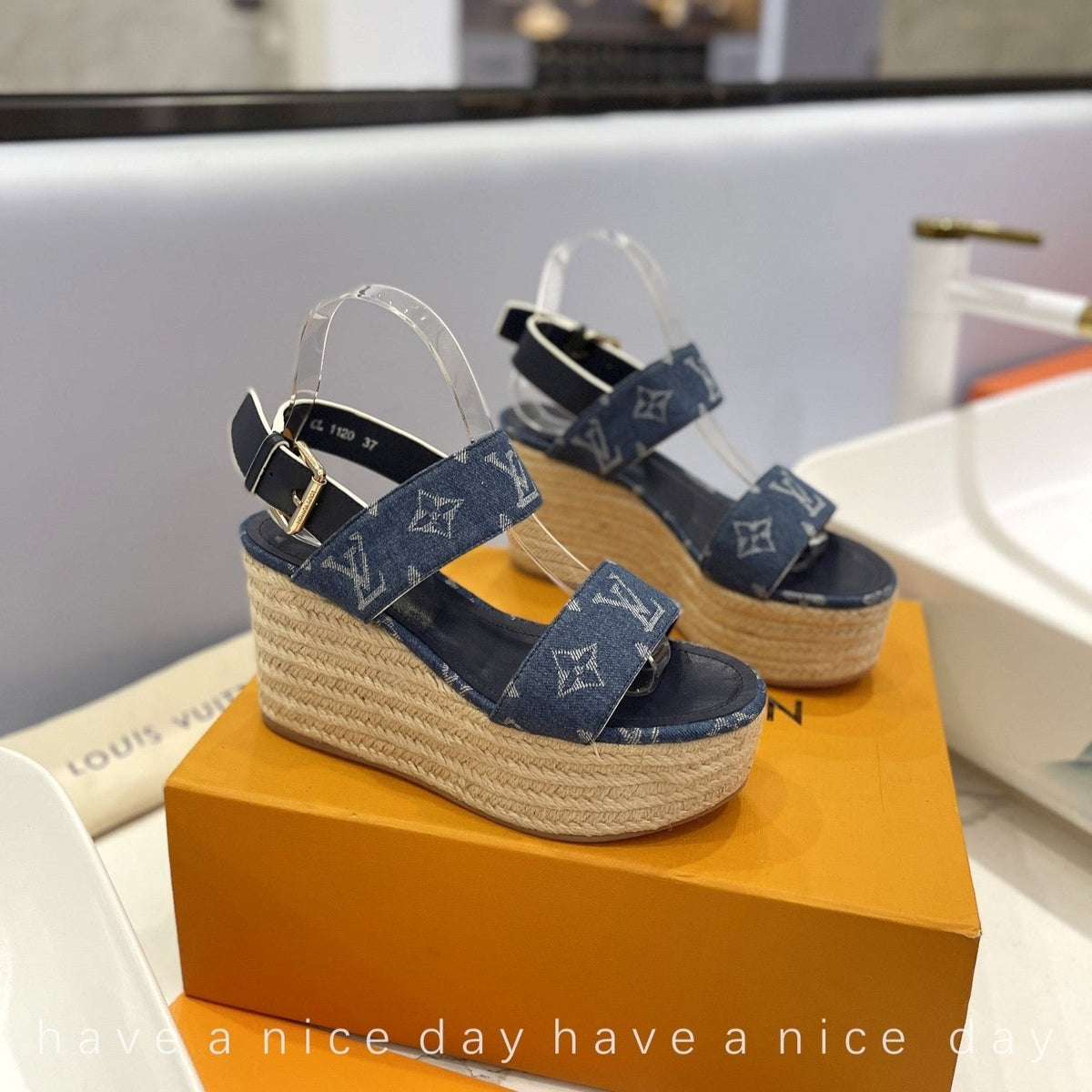 LV Straw Platform Sandals 100mm Blue Monogram Jacquard Fabric