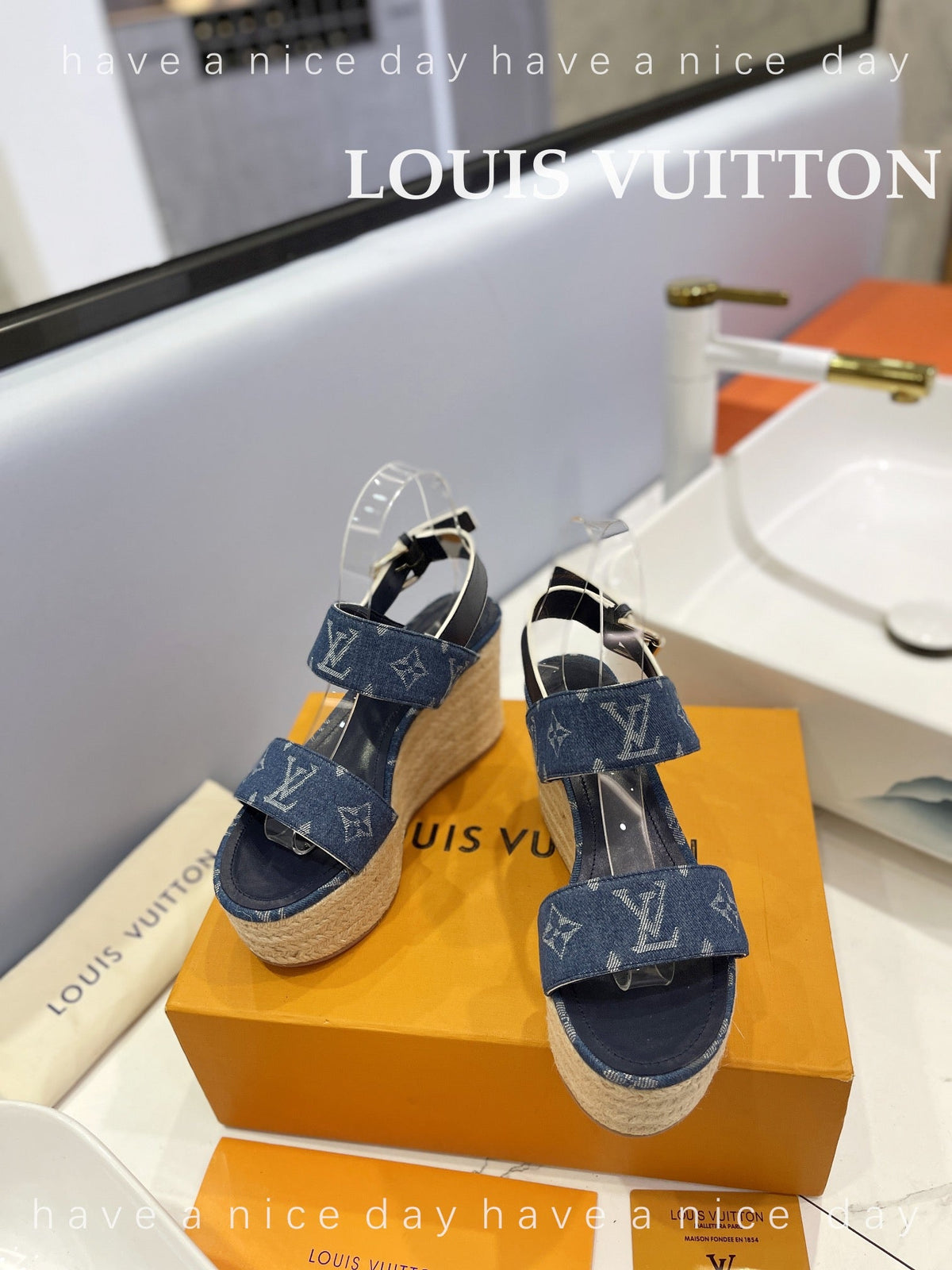 LV Straw Platform Sandals 100mm Blue Monogram Jacquard Fabric
