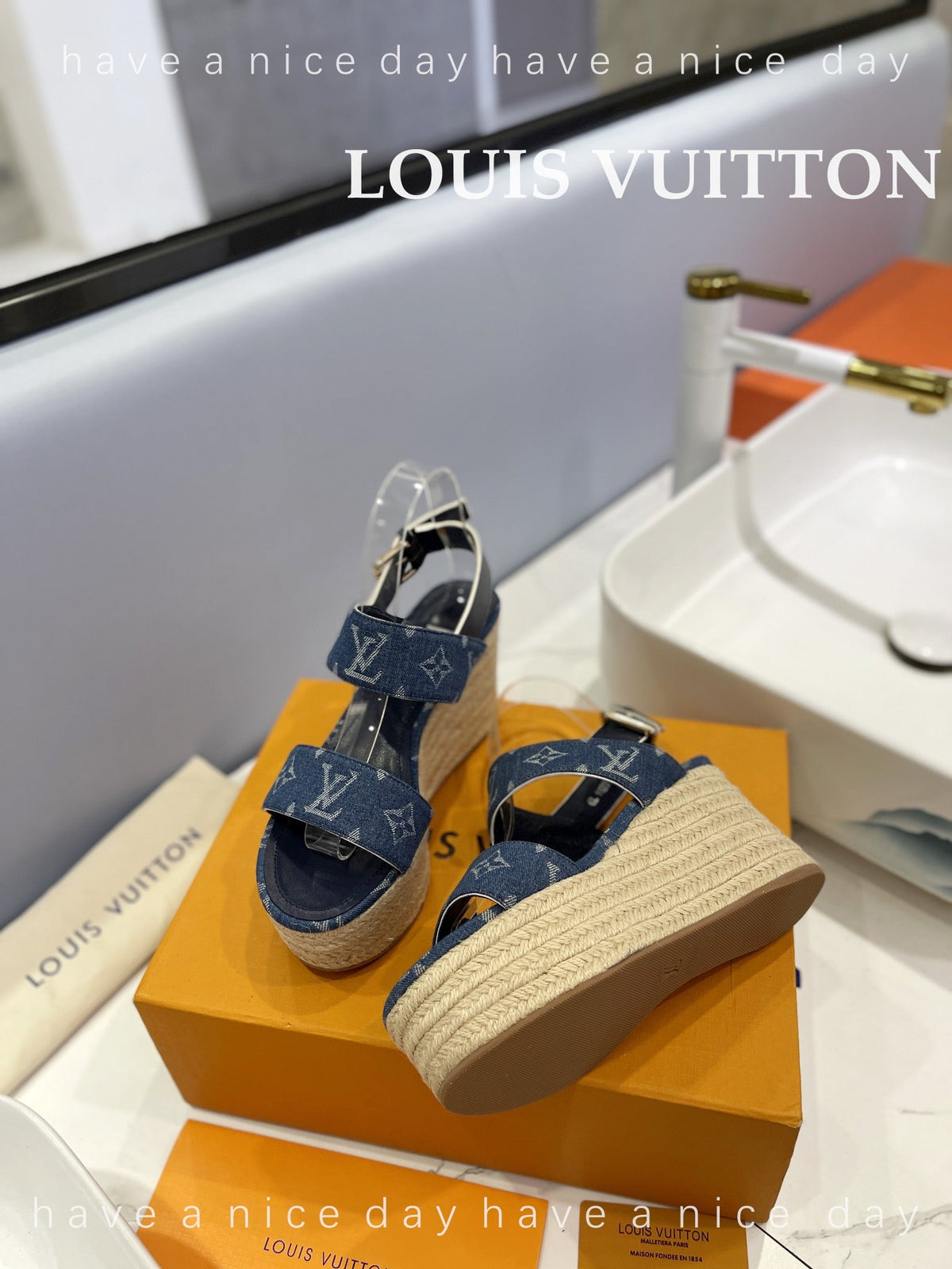 LV Straw Platform Sandals 100mm Blue Monogram Jacquard Fabric