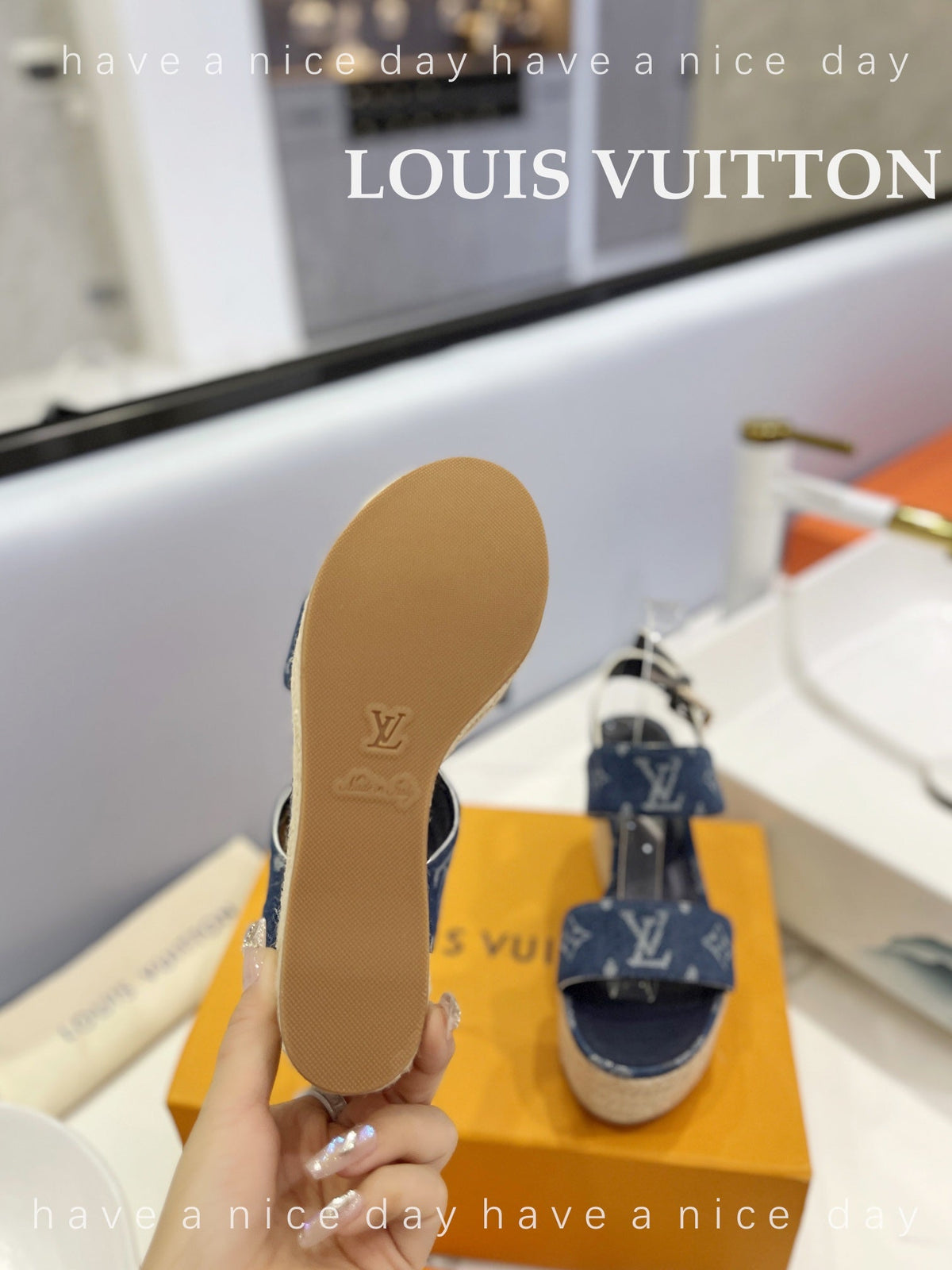 LV Straw Platform Sandals 100mm Blue Monogram Jacquard Fabric