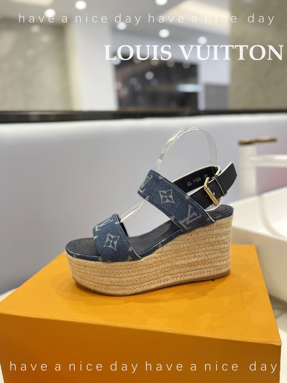 LV Straw Platform Sandals 100mm Blue Monogram Jacquard Fabric