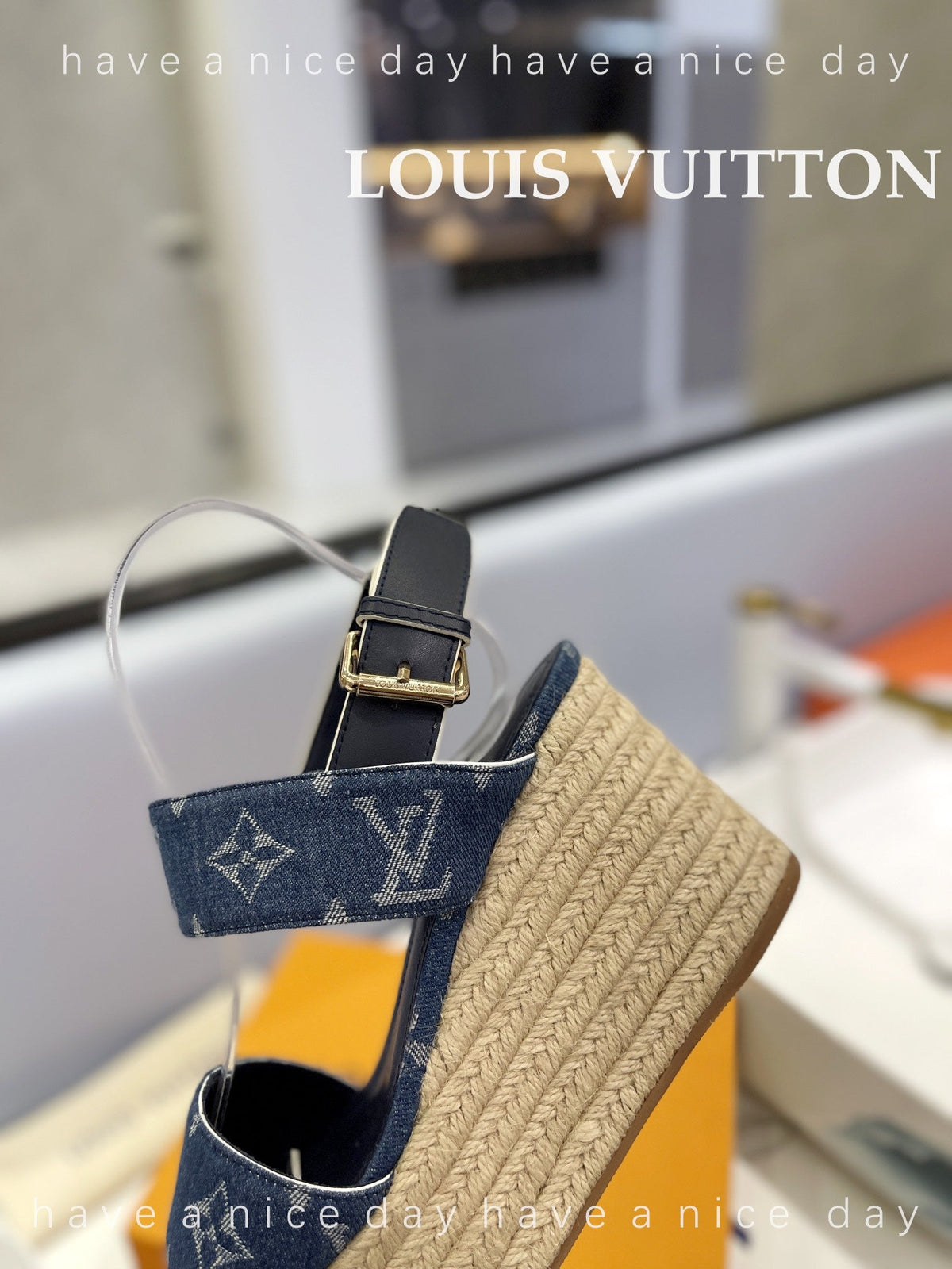 LV Straw Platform Sandals 100mm Blue Monogram Jacquard Fabric