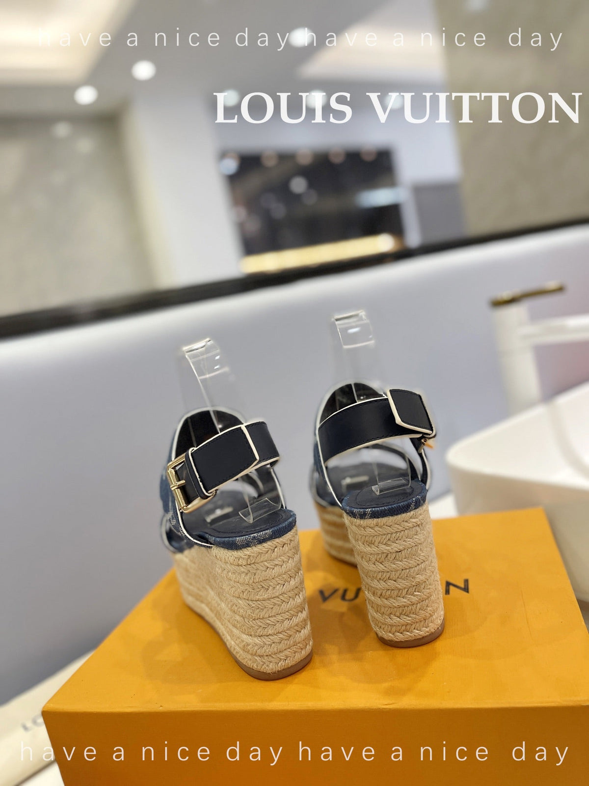 LV Straw Platform Sandals 100mm Blue Monogram Jacquard Fabric