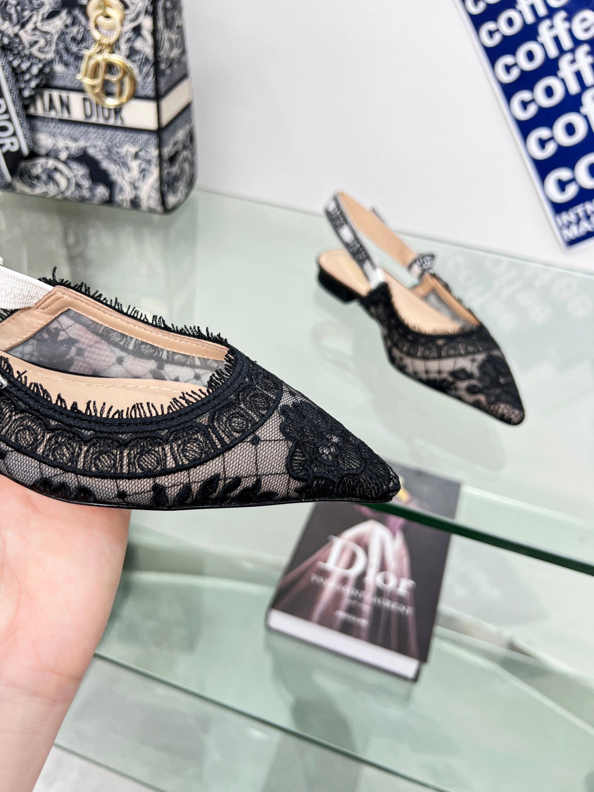 cd slingback flat transparent mesh embroidered black flower moitf