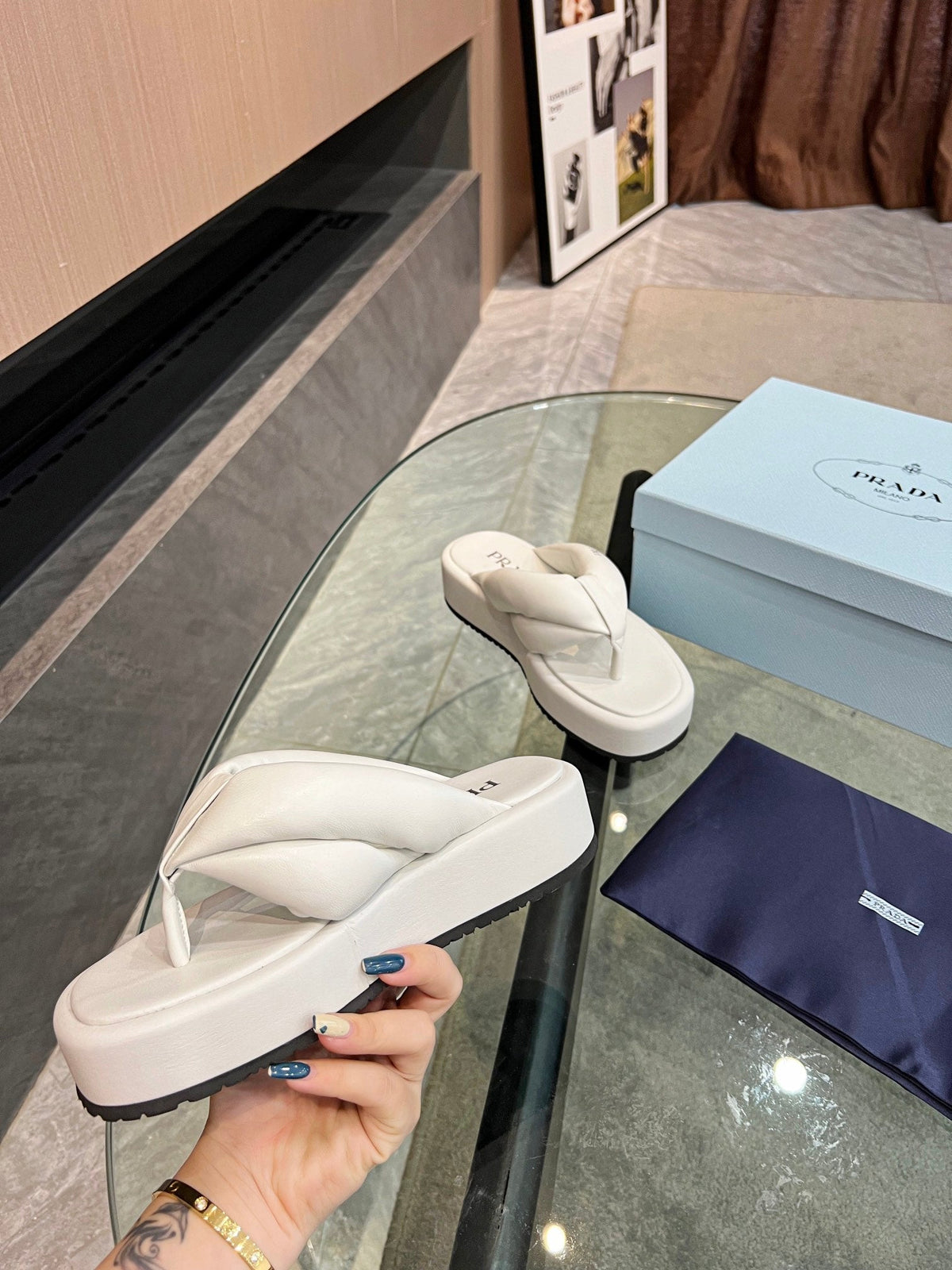 PRA THONG FLATFORM SANDALS WHITE LAMBSKIN