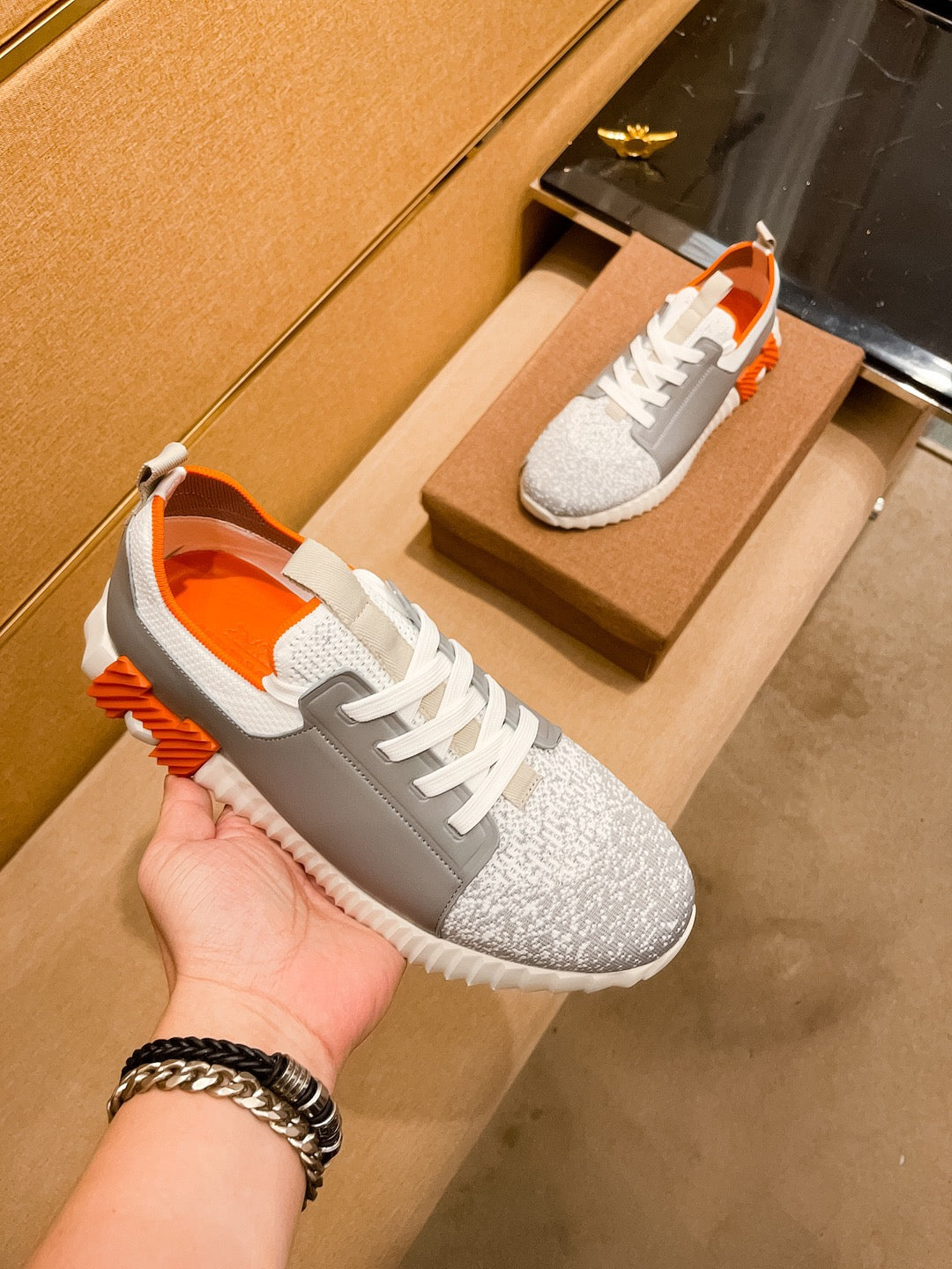 HM Men's Depart Slip-on Sneaker Grey Knit Cowhide 263682
