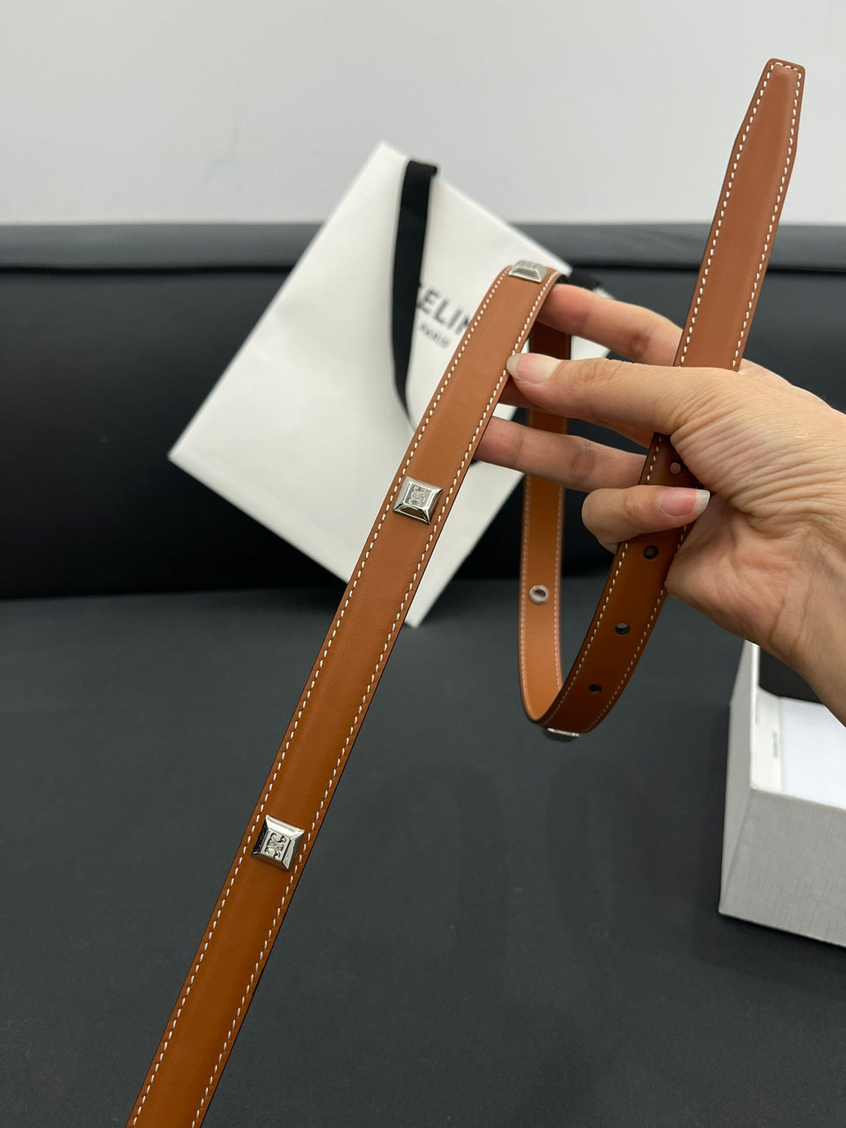 CL SMALL 18 MM TRIOMPHE BELT IN TAURILLON BRONZE BROWN LEATHER SILVER HARDWARE