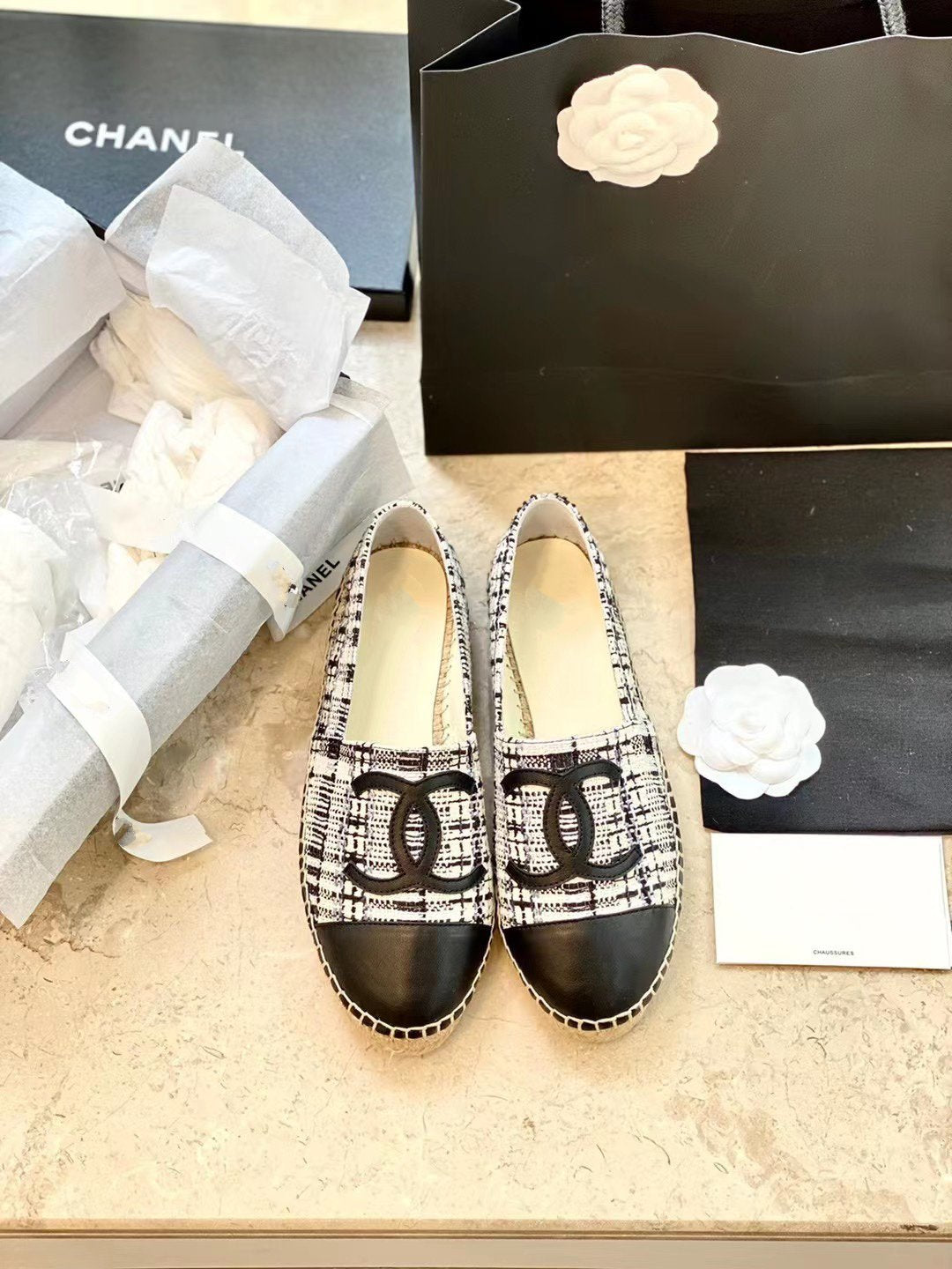 espadrilles white black tweed black lambskin