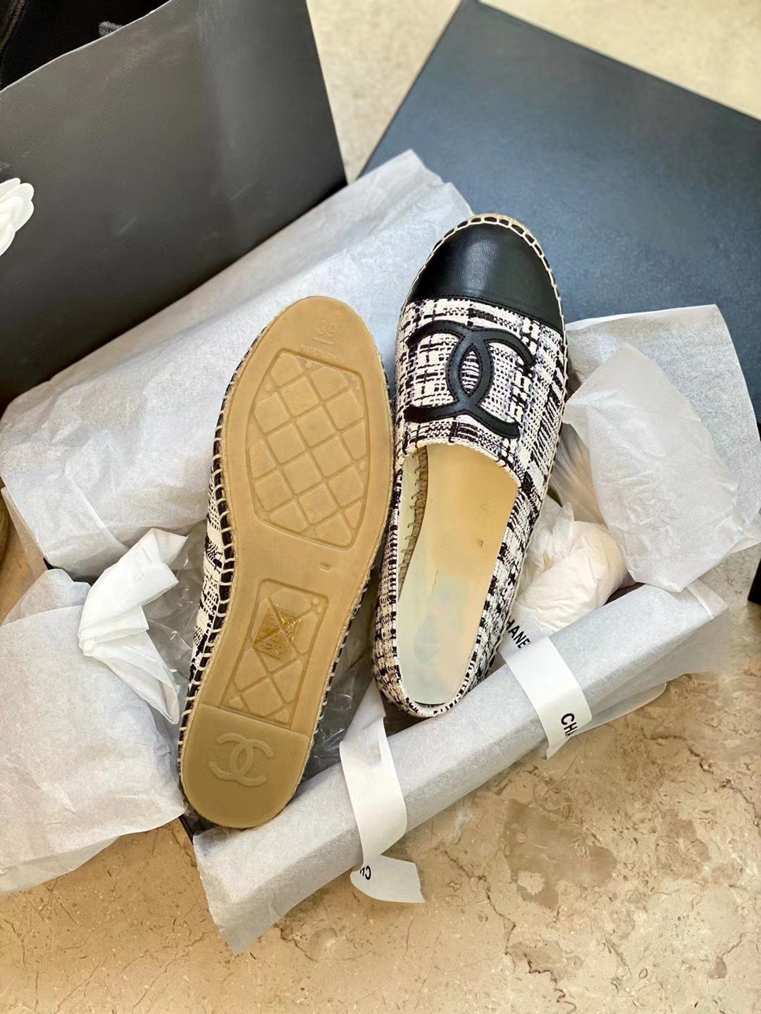 espadrilles white black tweed black lambskin