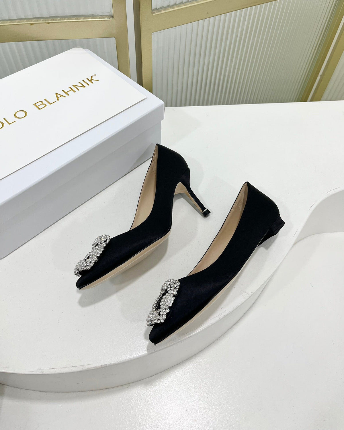 Manolo Hangisi Black Satin Jewel Buckle Pump 95