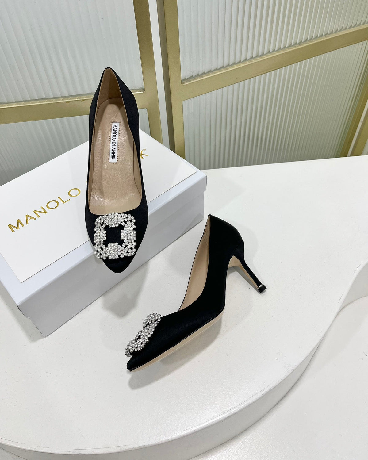 Manolo Hangisi Black Satin Jewel Buckle Pump 95
