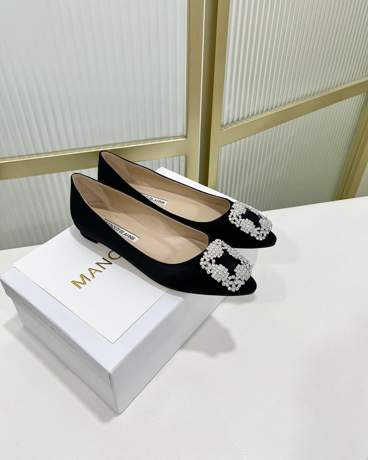 Manolo Hangisi Black Satin Jewel Buckle Pump 95