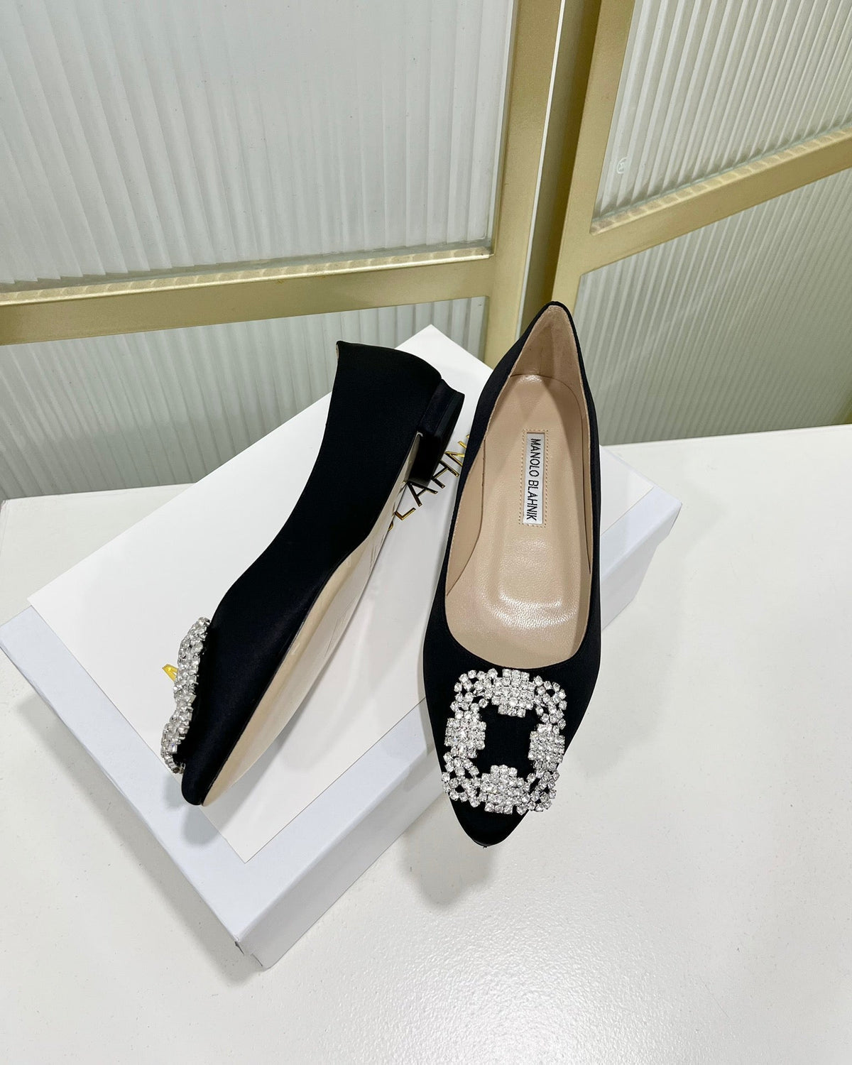 Manolo Hangisi Black Satin Jewel Buckle Pump 95