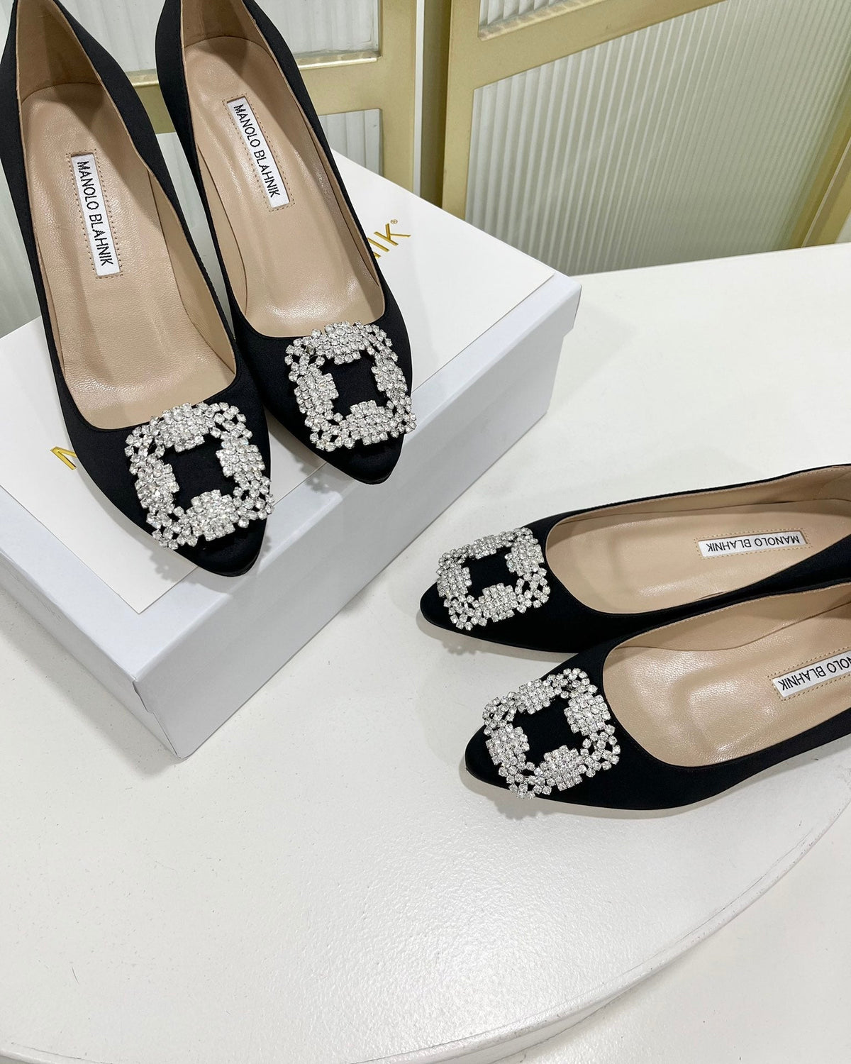 Manolo Hangisi Black Satin Jewel Buckle Pump 95
