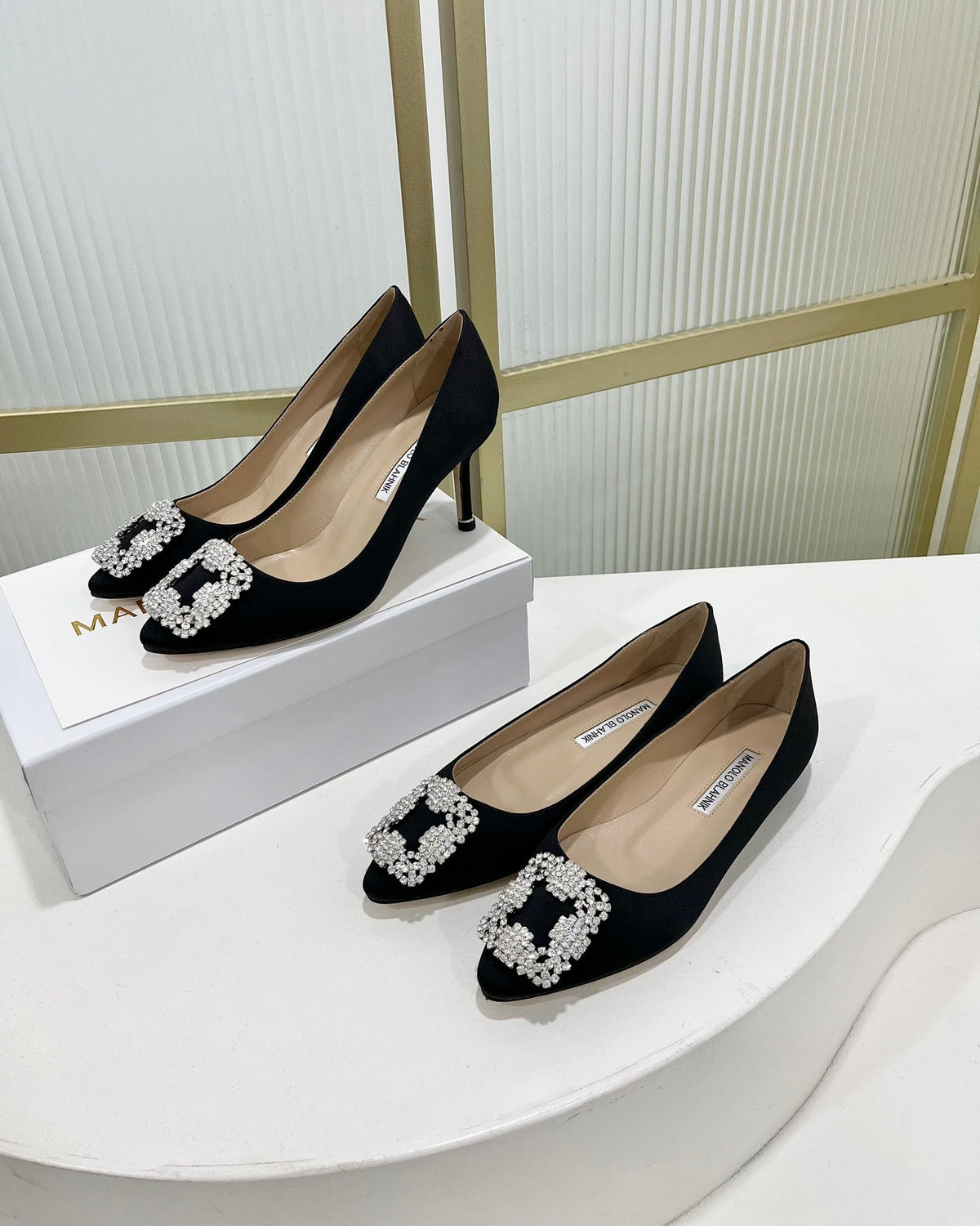 Manolo Hangisi Black Satin Jewel Buckle Pump 95